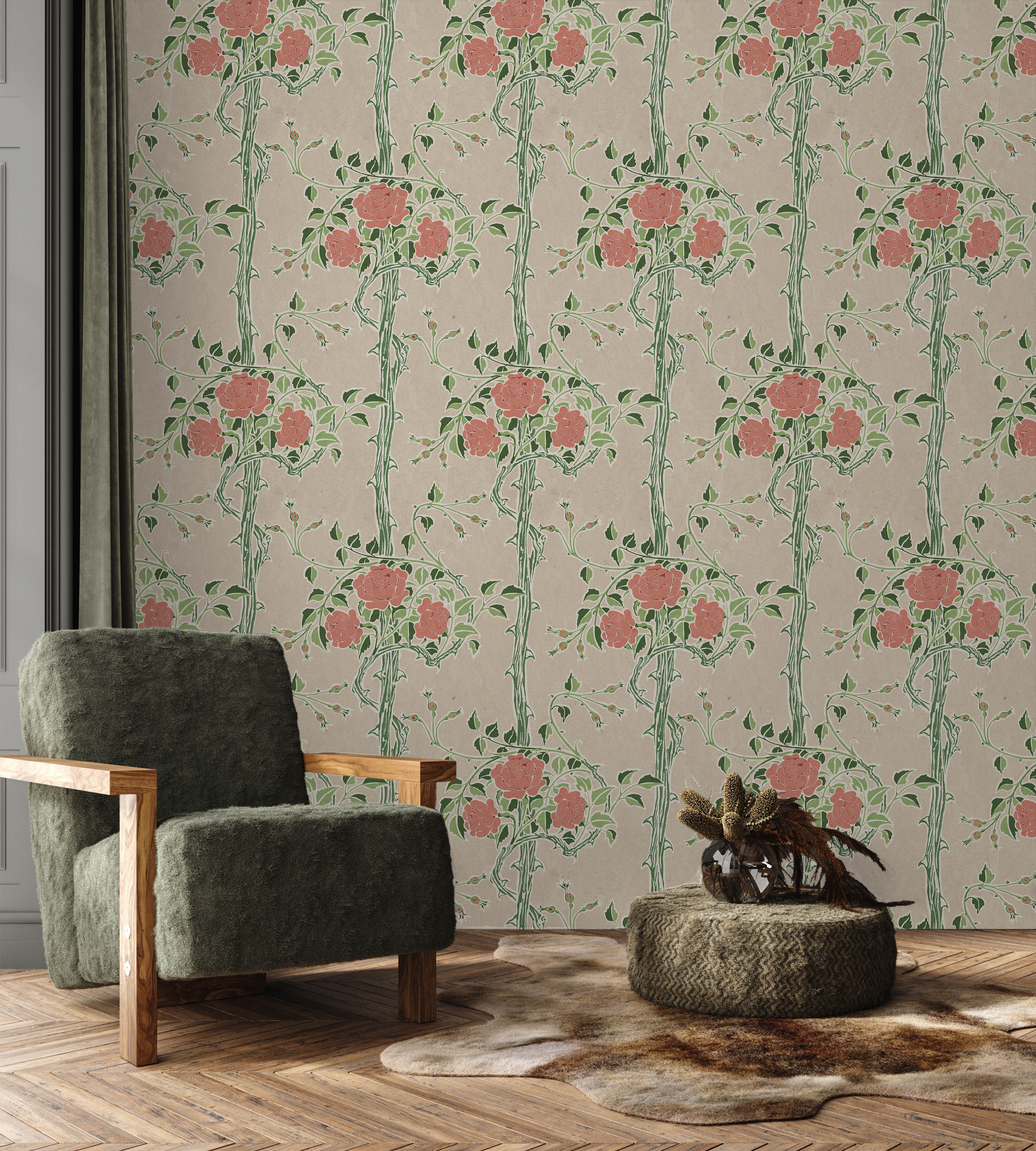 Walter Crane x Rose Bush Peel and Stick Wallpaper, Removable Wallpaper, Traditional Wallpaper - Soft Beige | DeccoPrint
