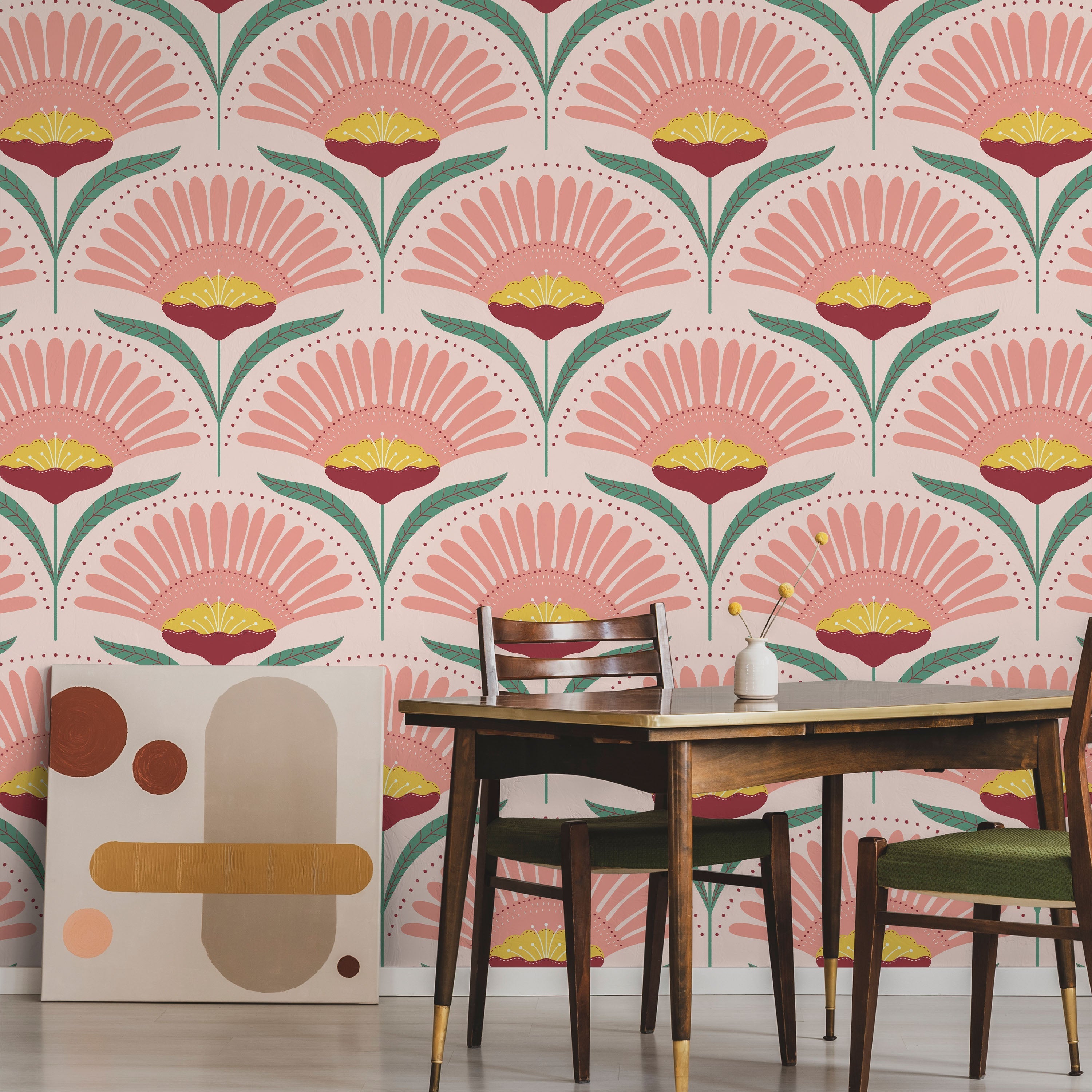 Bohemian Blossom Peel and Stick Wallpaper, Removable Wallpaper, Traditional Wallpaper - Pink/Teal | DeccoPrint