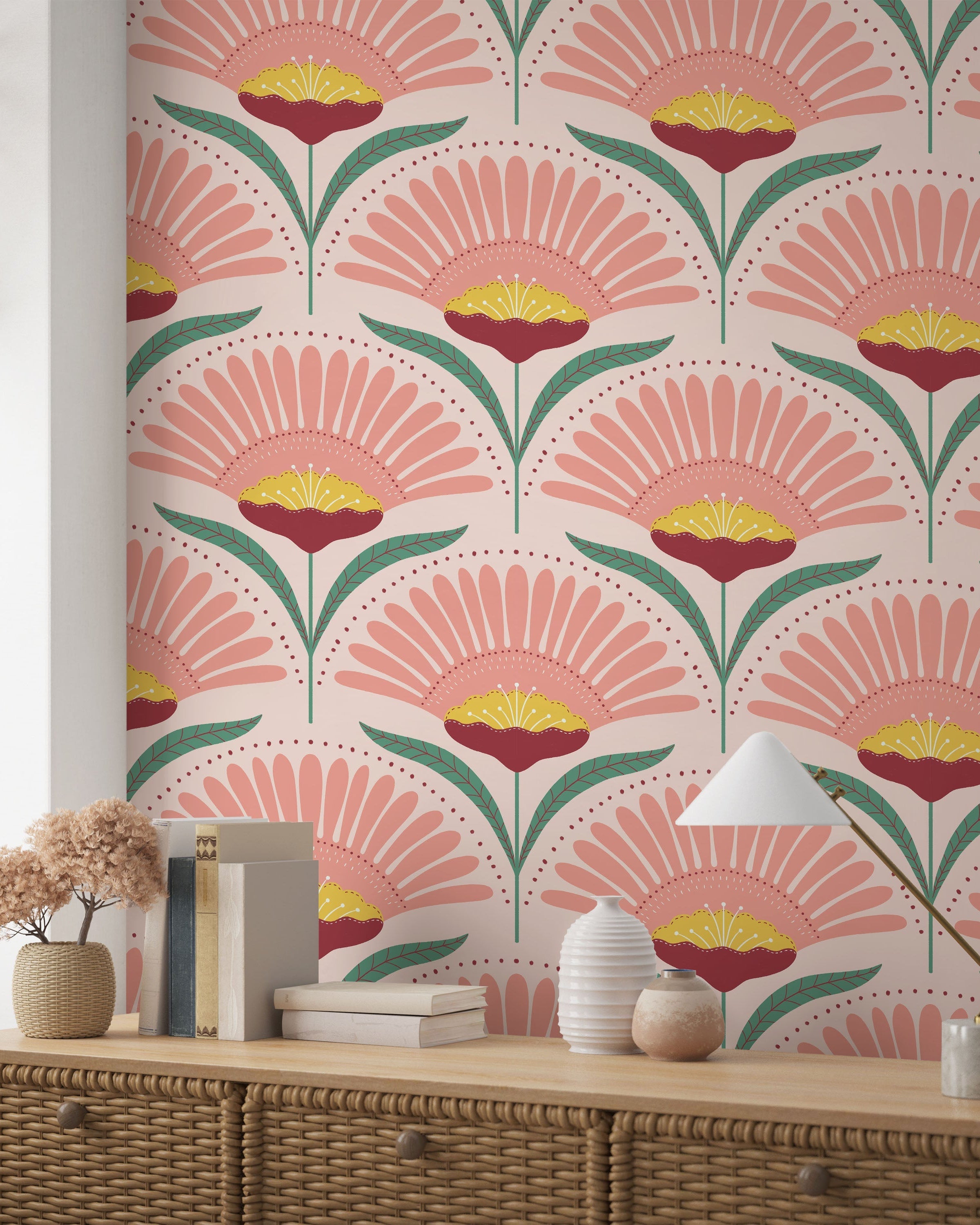 Bohemian Blossom Peel and Stick Wallpaper, Removable Wallpaper, Traditional Wallpaper - Pink/Teal | DeccoPrint