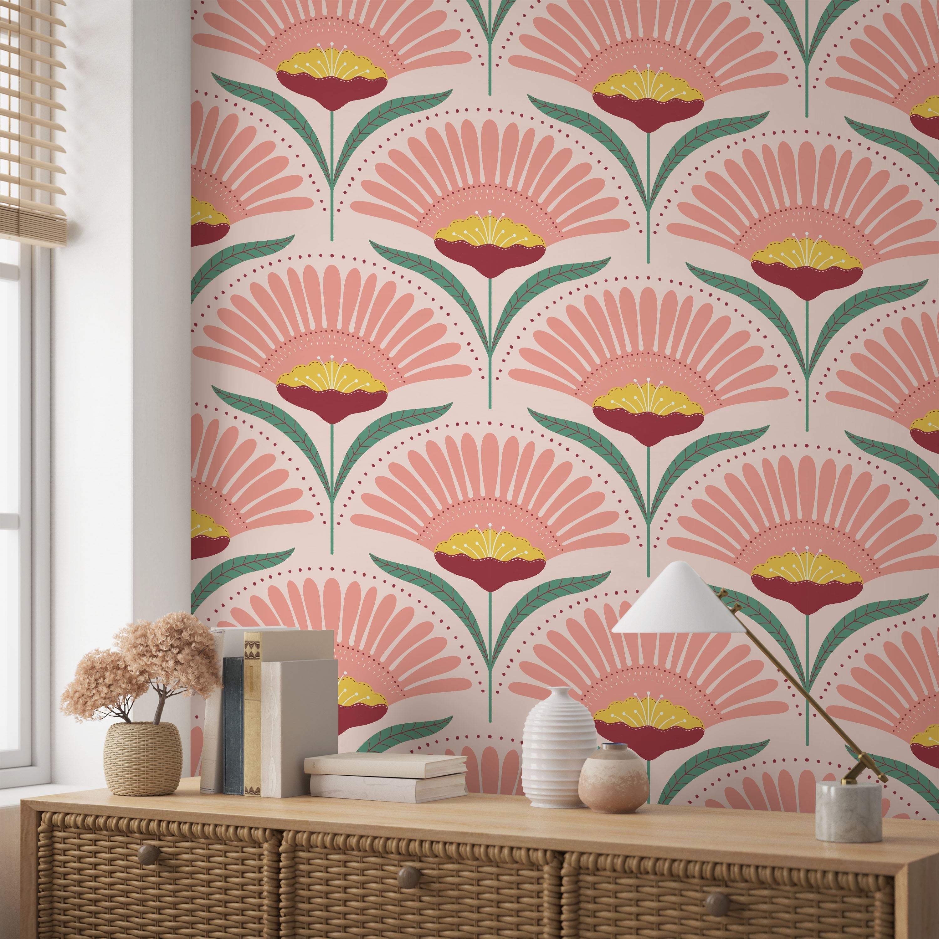 Bohemian Blossom Peel and Stick Wallpaper, Removable Wallpaper, Traditional Wallpaper - Pink/Teal | DeccoPrint
