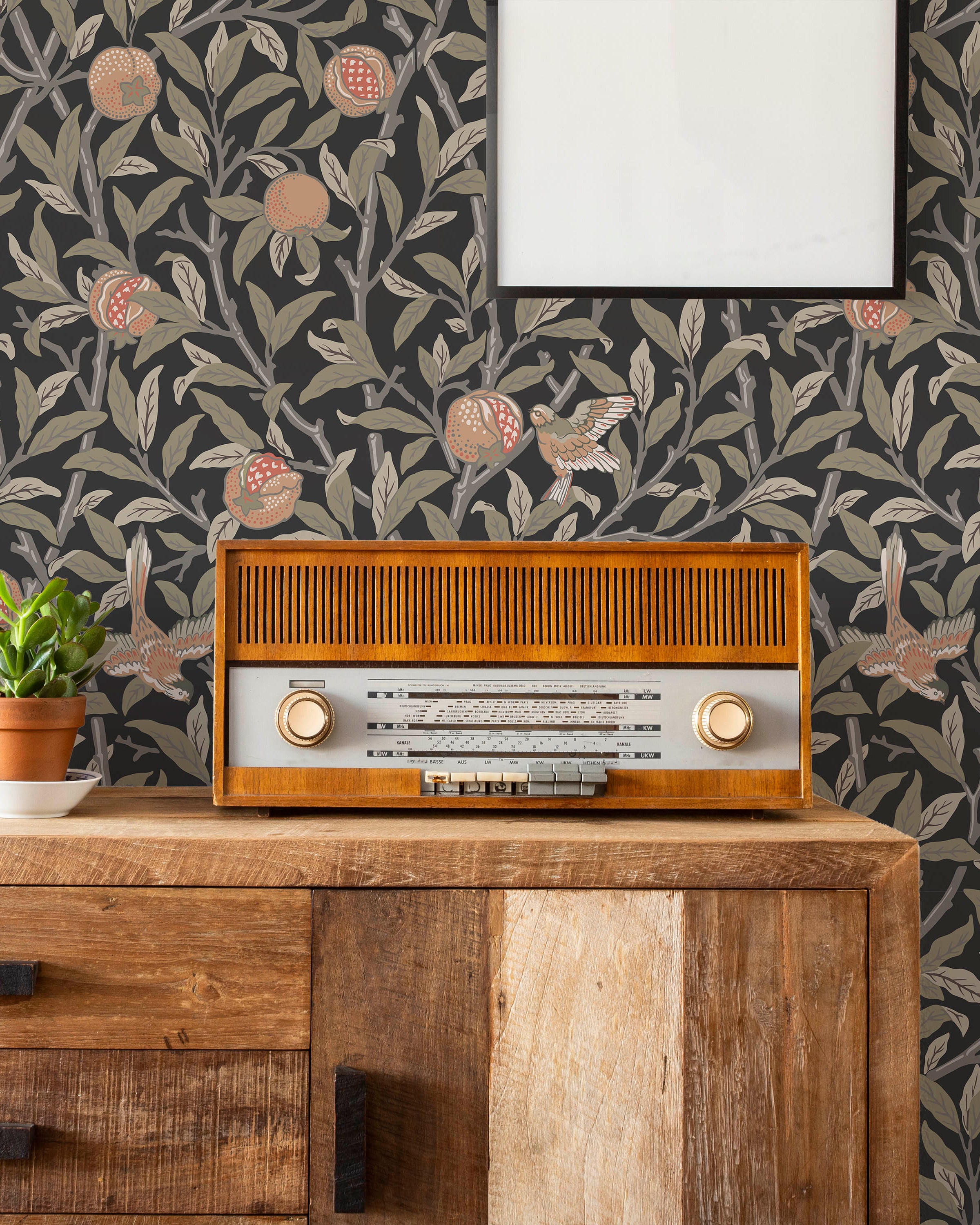 William Morris X Bird and Pomegranate Peel and Stick Wallpaper, Removable Wallpaper, Traditional Wallpaper - Charcoal | DeccoPrint