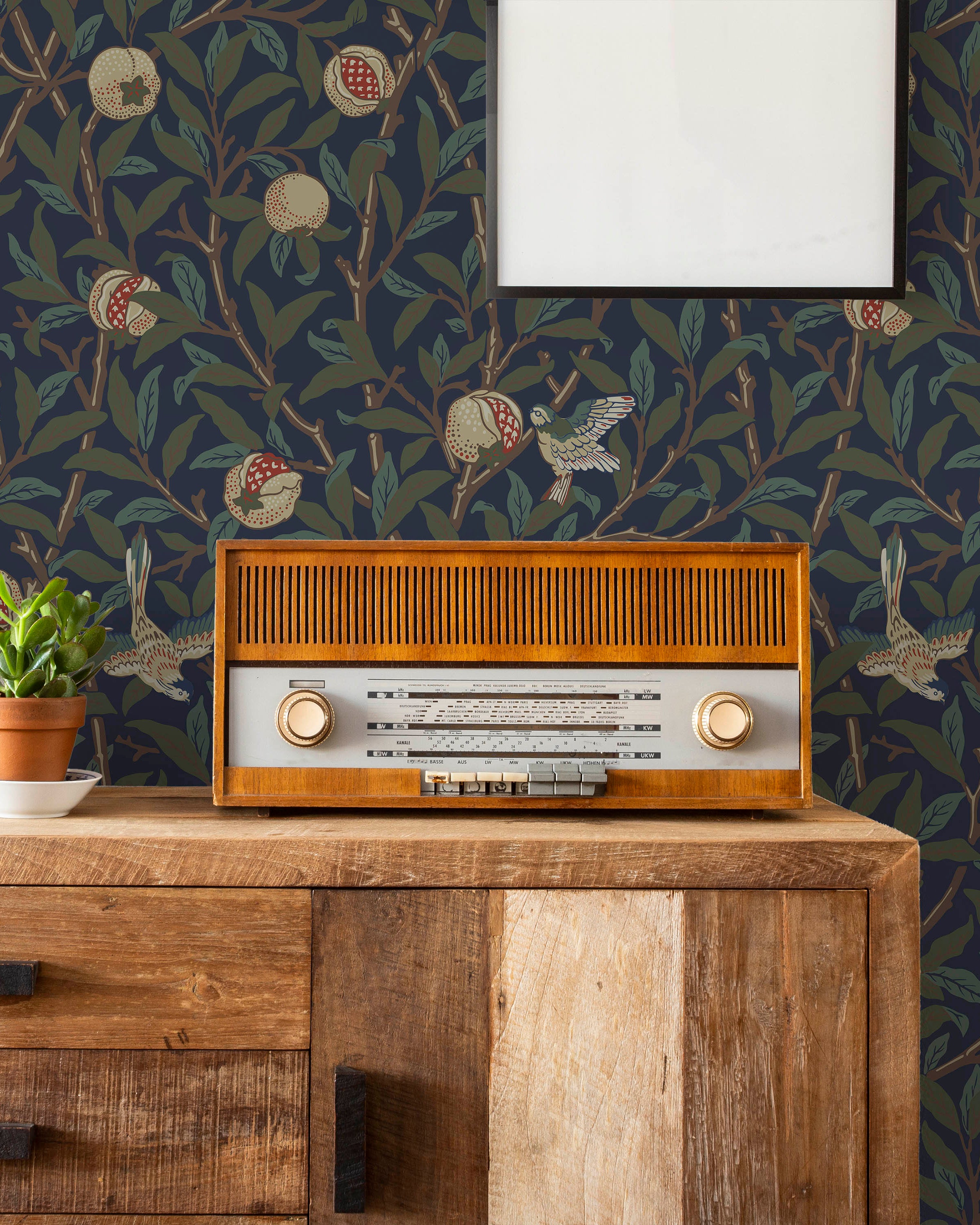 William Morris X Bird and Pomegranate Peel and Stick Wallpaper, Removable Wallpaper, Traditional Wallpaper - Blue | DeccoPrint