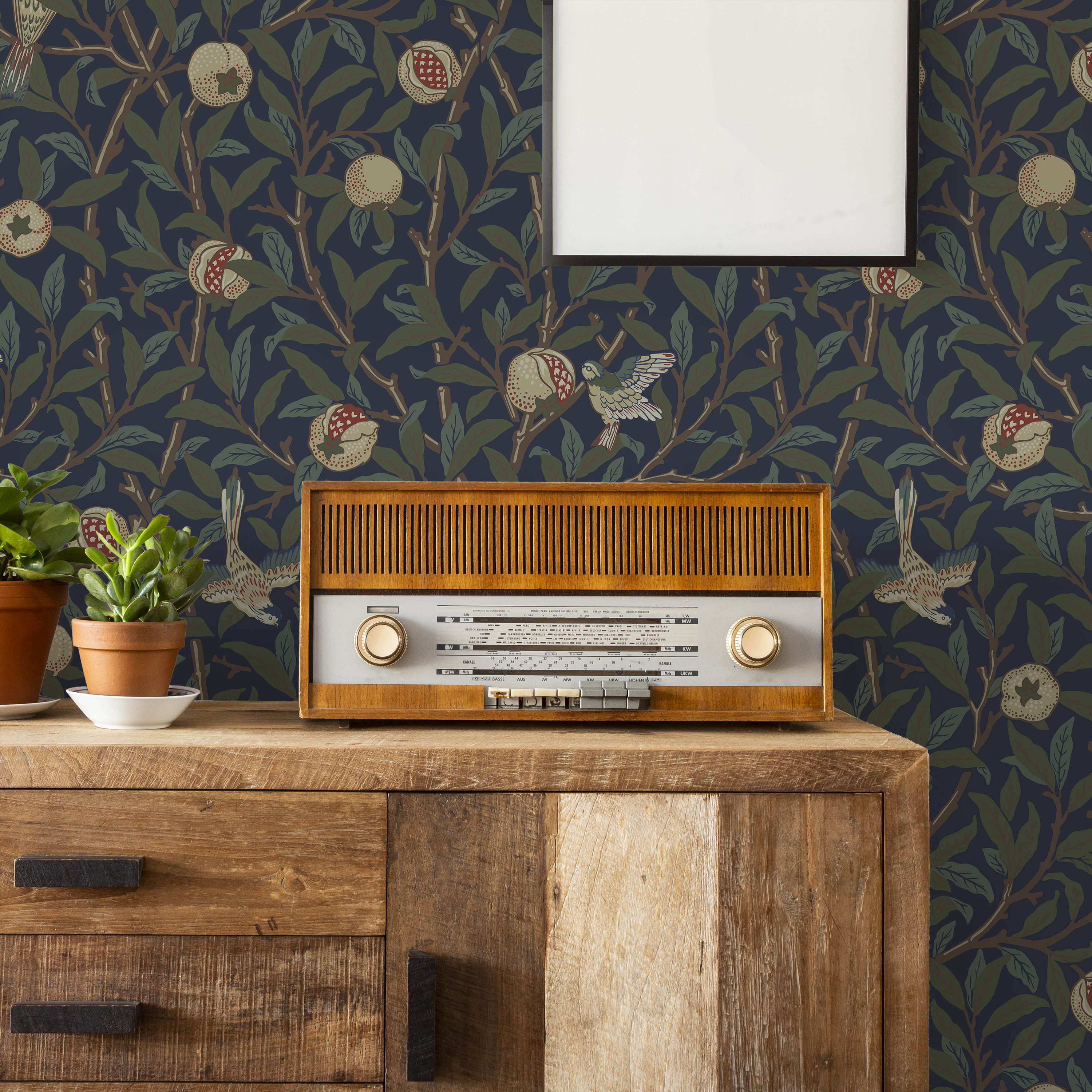 William Morris X Bird and Pomegranate Peel and Stick Wallpaper, Removable Wallpaper, Traditional Wallpaper - Blue | DeccoPrint