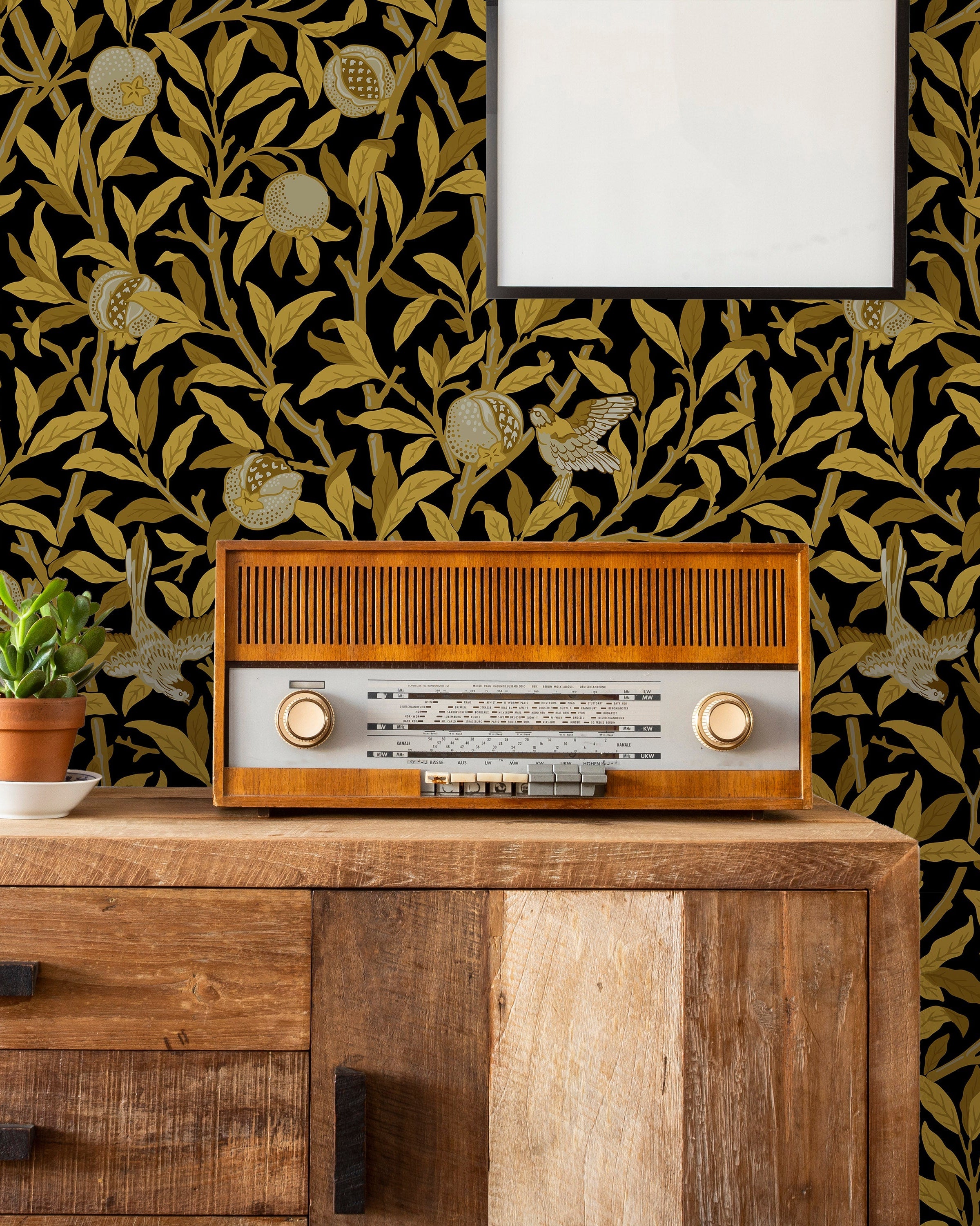 William Morris X Bird and Pomegranate Peel and Stick Wallpaper, Removable Wallpaper, Traditional Wallpaper - Gold | DeccoPrint