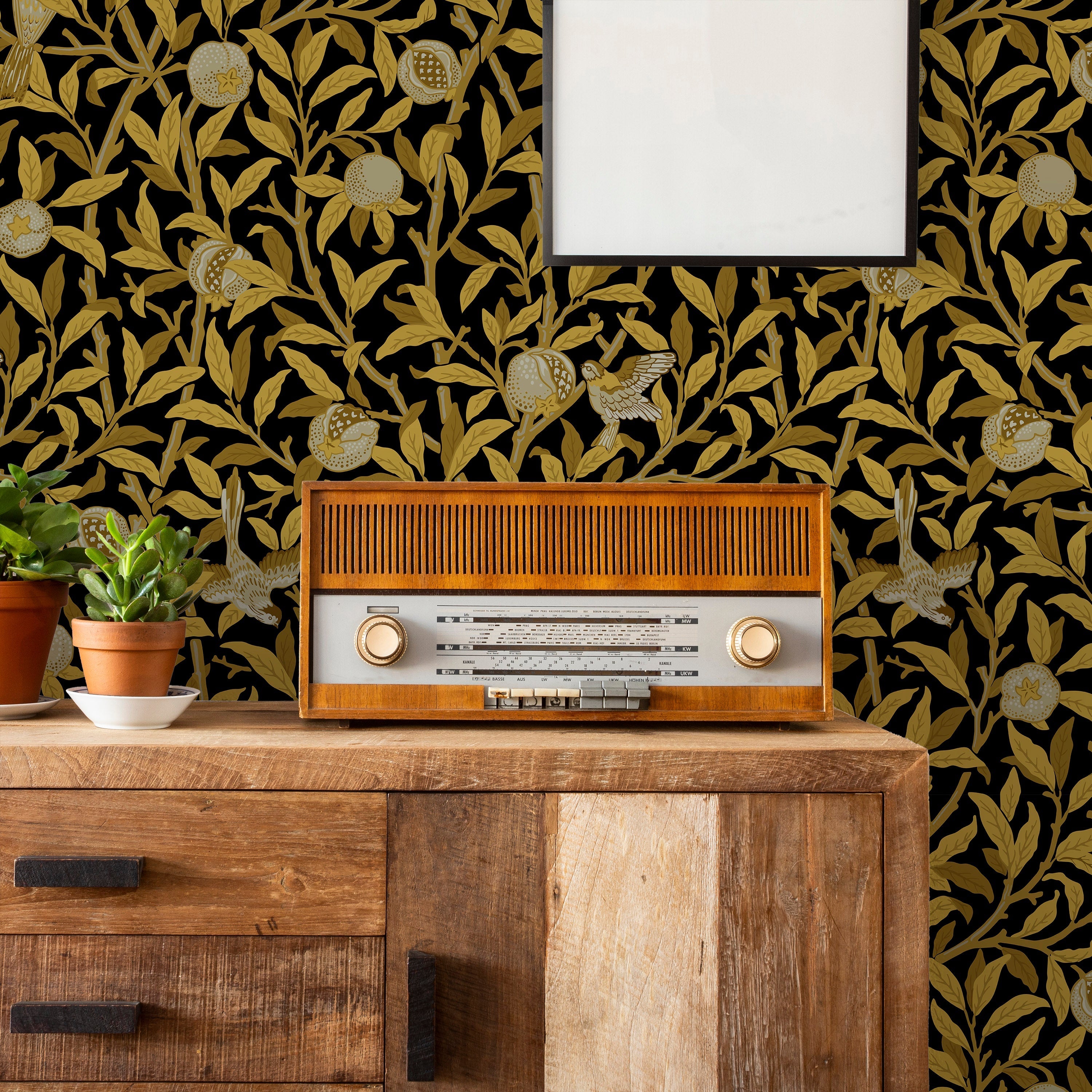 William Morris X Bird and Pomegranate Peel and Stick Wallpaper, Removable Wallpaper, Traditional Wallpaper - Gold | DeccoPrint