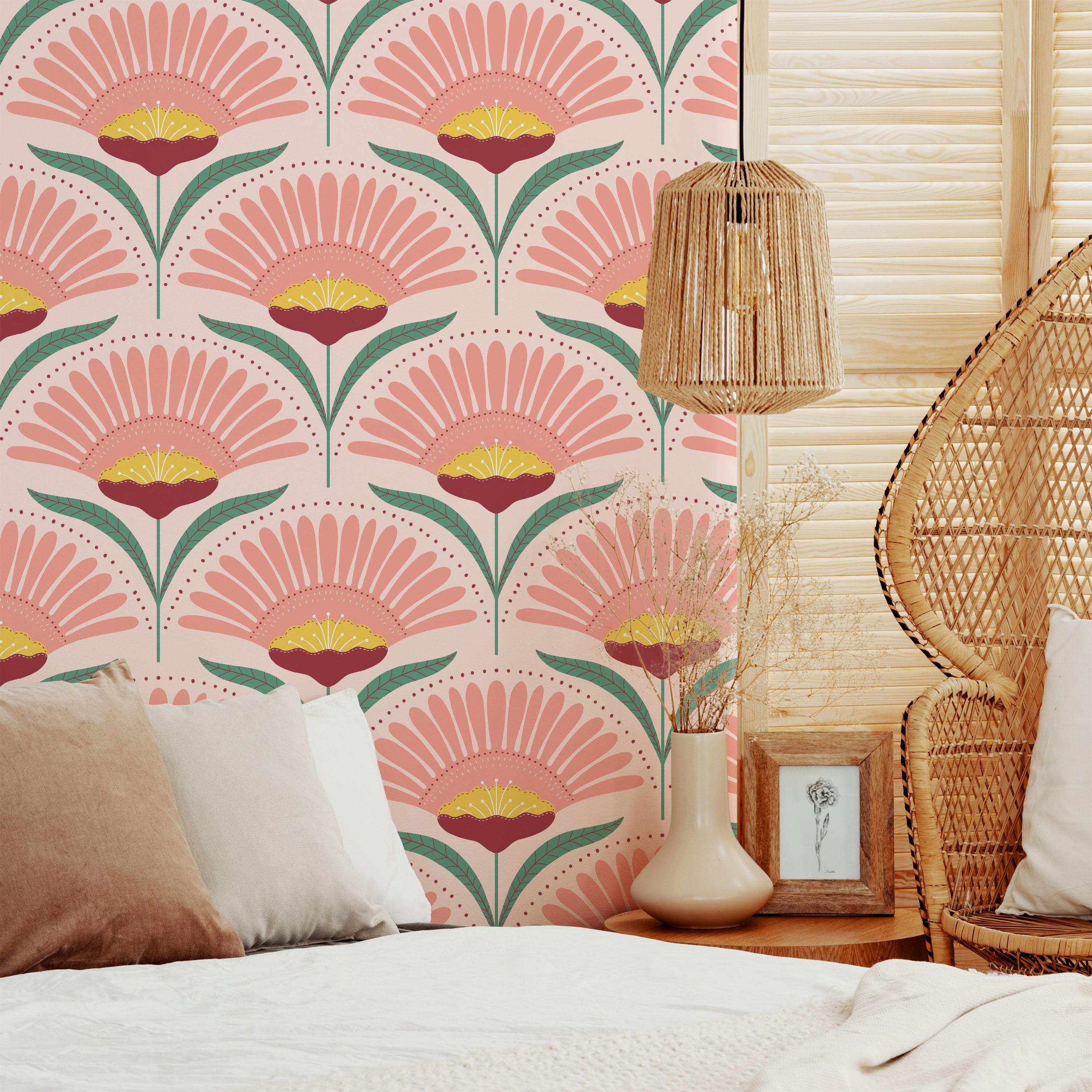 Bohemian Blossom Peel and Stick Wallpaper, Removable Wallpaper, Traditional Wallpaper - Pink/Teal | DeccoPrint