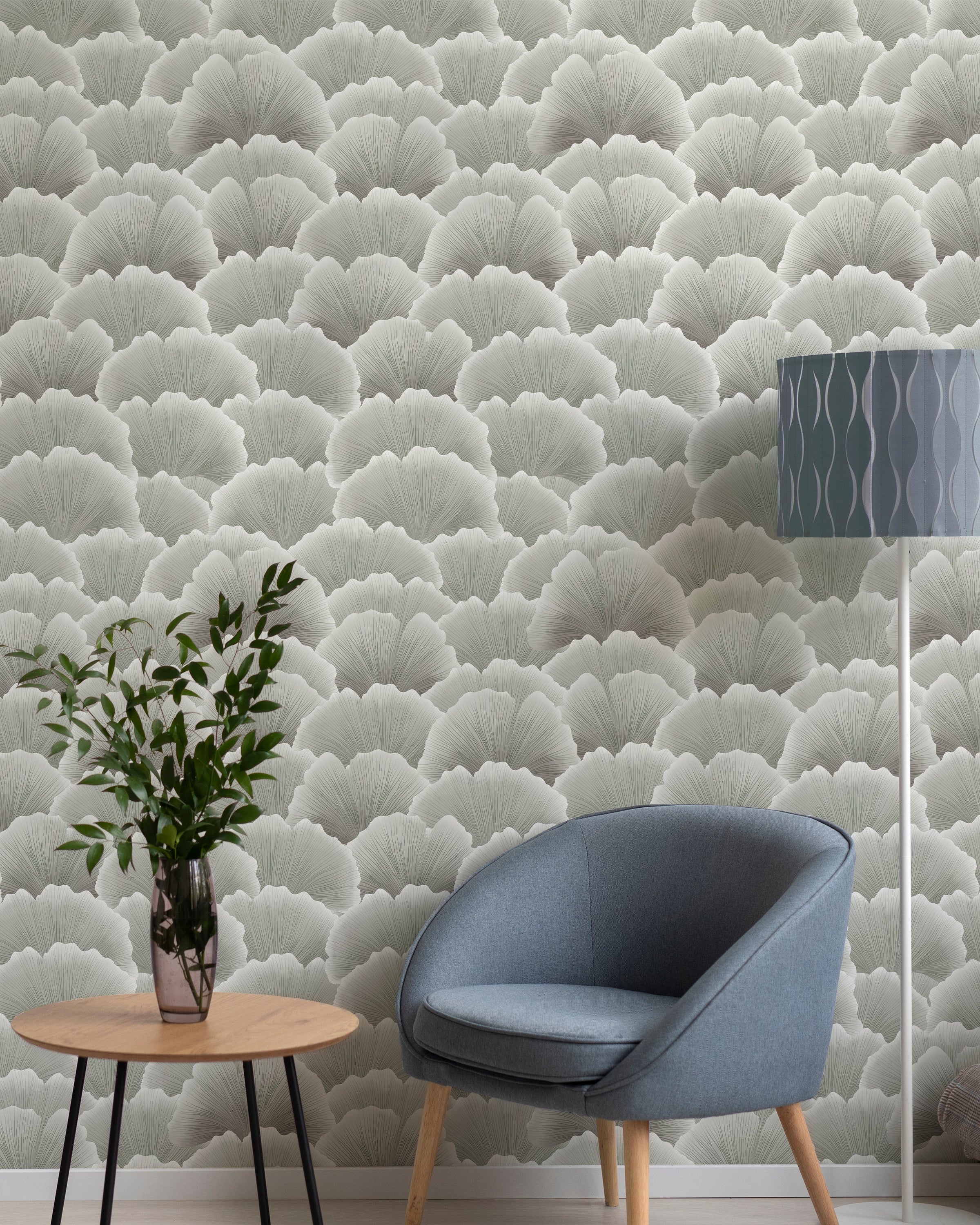 Ginkgo Waves Peel and Stick Wallpaper, Removable Wallpaper, Traditional Wallpaper - Ash Green | DeccoPrint
