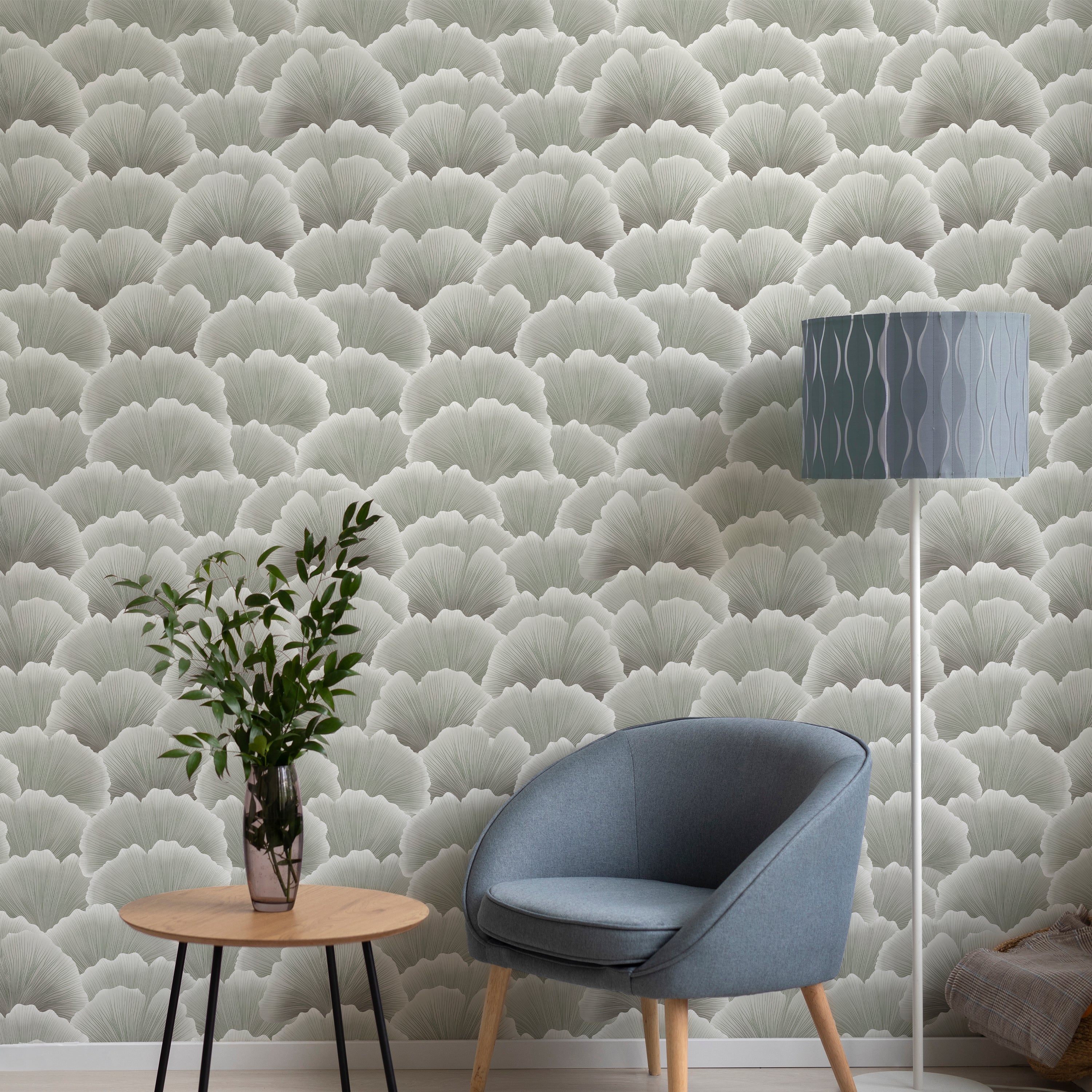 Ginkgo Waves Peel and Stick Wallpaper, Removable Wallpaper, Traditional Wallpaper - Ash Green | DeccoPrint