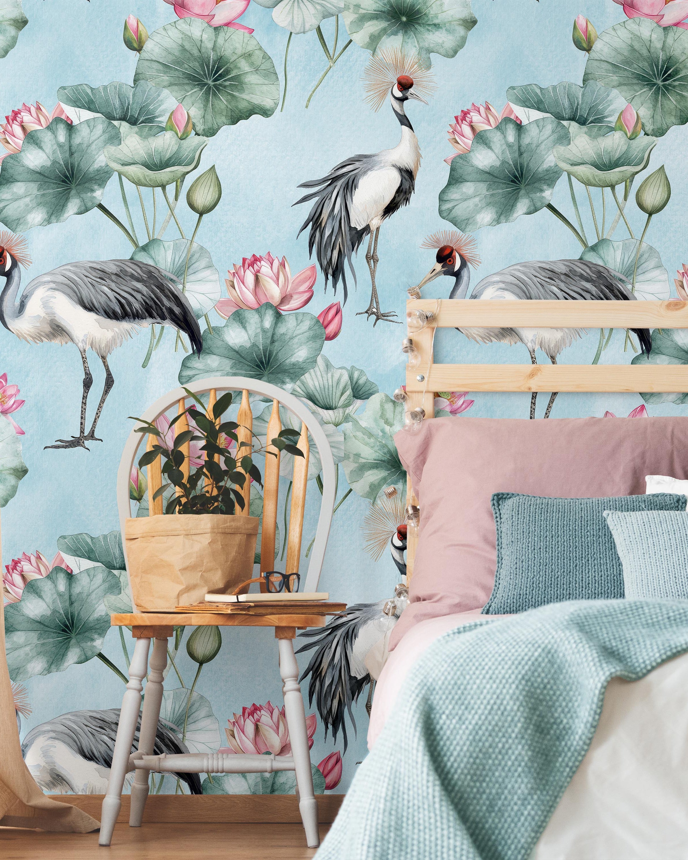 Crowned Cranes Peel and Stick Wallpaper, Removable Wallpaper, Traditional Wallpaper - Blue | DeccoPrint