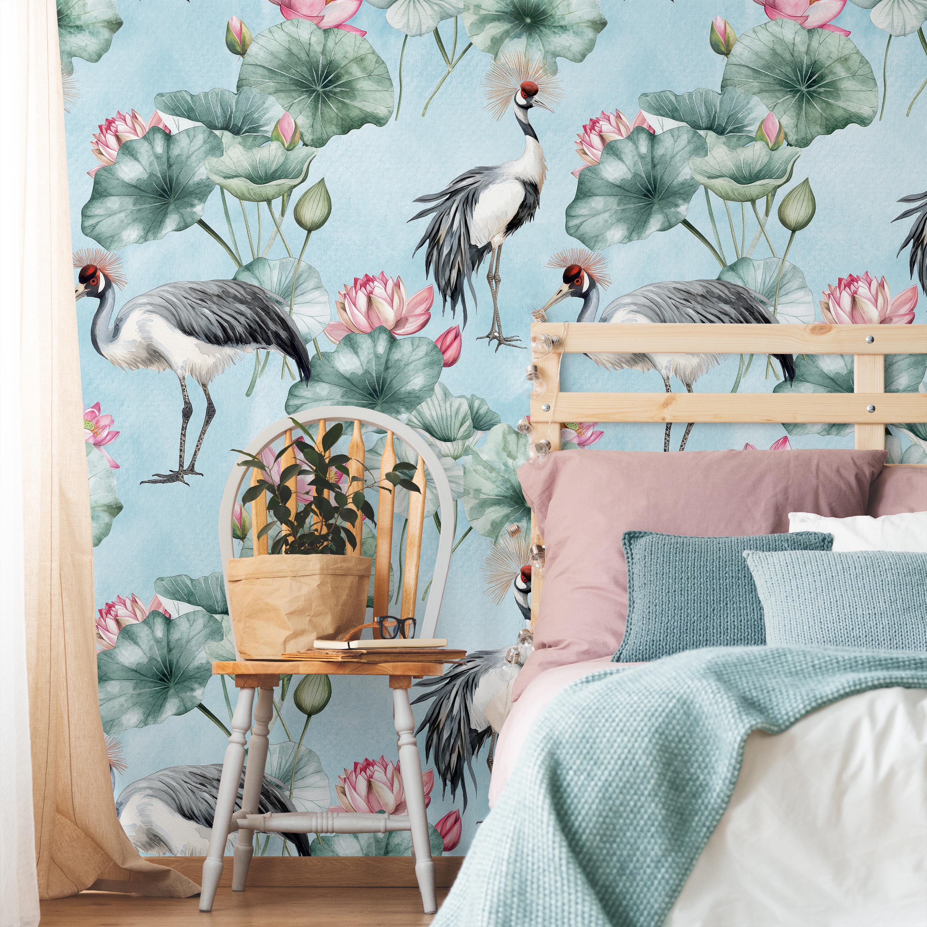 Crowned Cranes Peel and Stick Wallpaper, Removable Wallpaper, Traditional Wallpaper - Blue | DeccoPrint