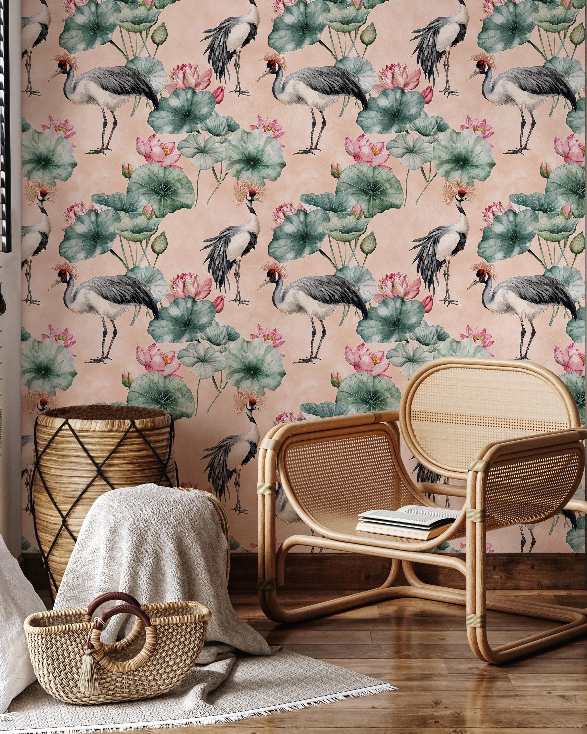 Crowned Cranes Peel and Stick Wallpaper, Removable Wallpaper, Traditional Wallpaper - Peach | DeccoPrint