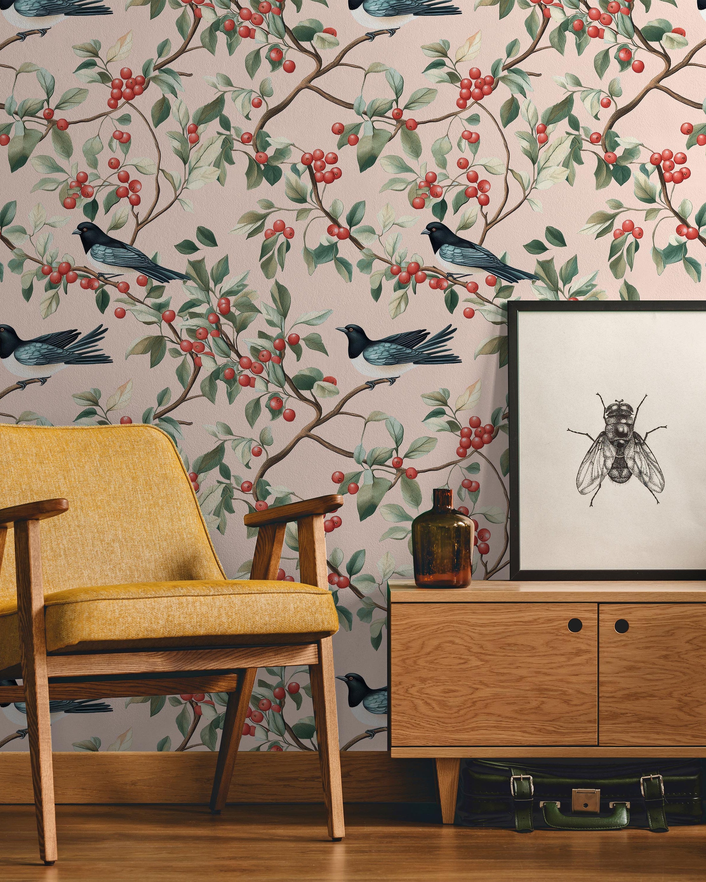 Birds and The Trees Peel and Stick Wallpaper, Removable Wallpaper, Traditional Wallpaper - Pink | DeccoPrint