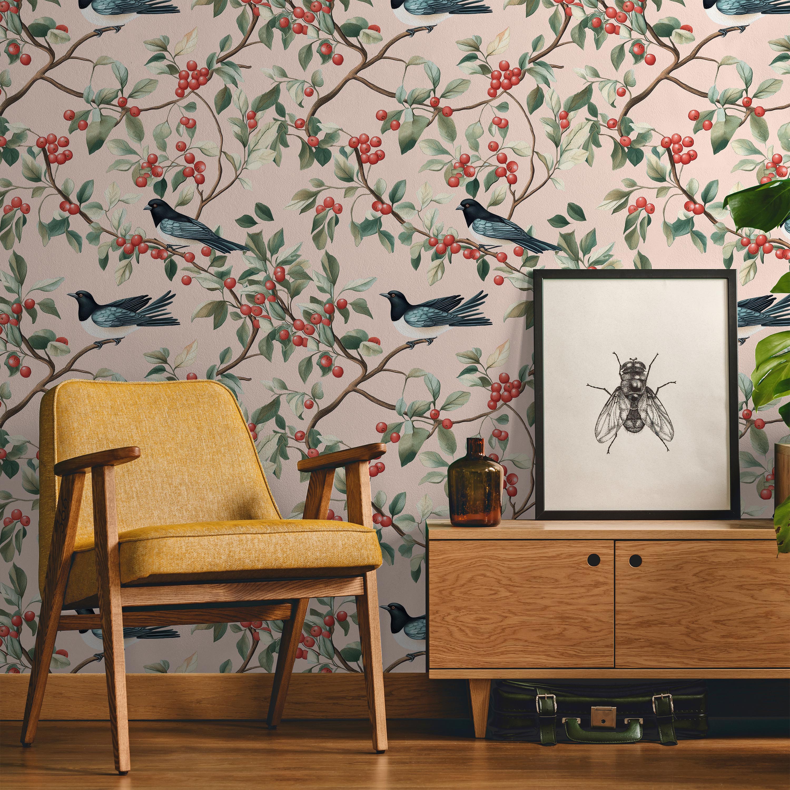 Birds and The Trees Peel and Stick Wallpaper, Removable Wallpaper, Traditional Wallpaper - Pink | DeccoPrint