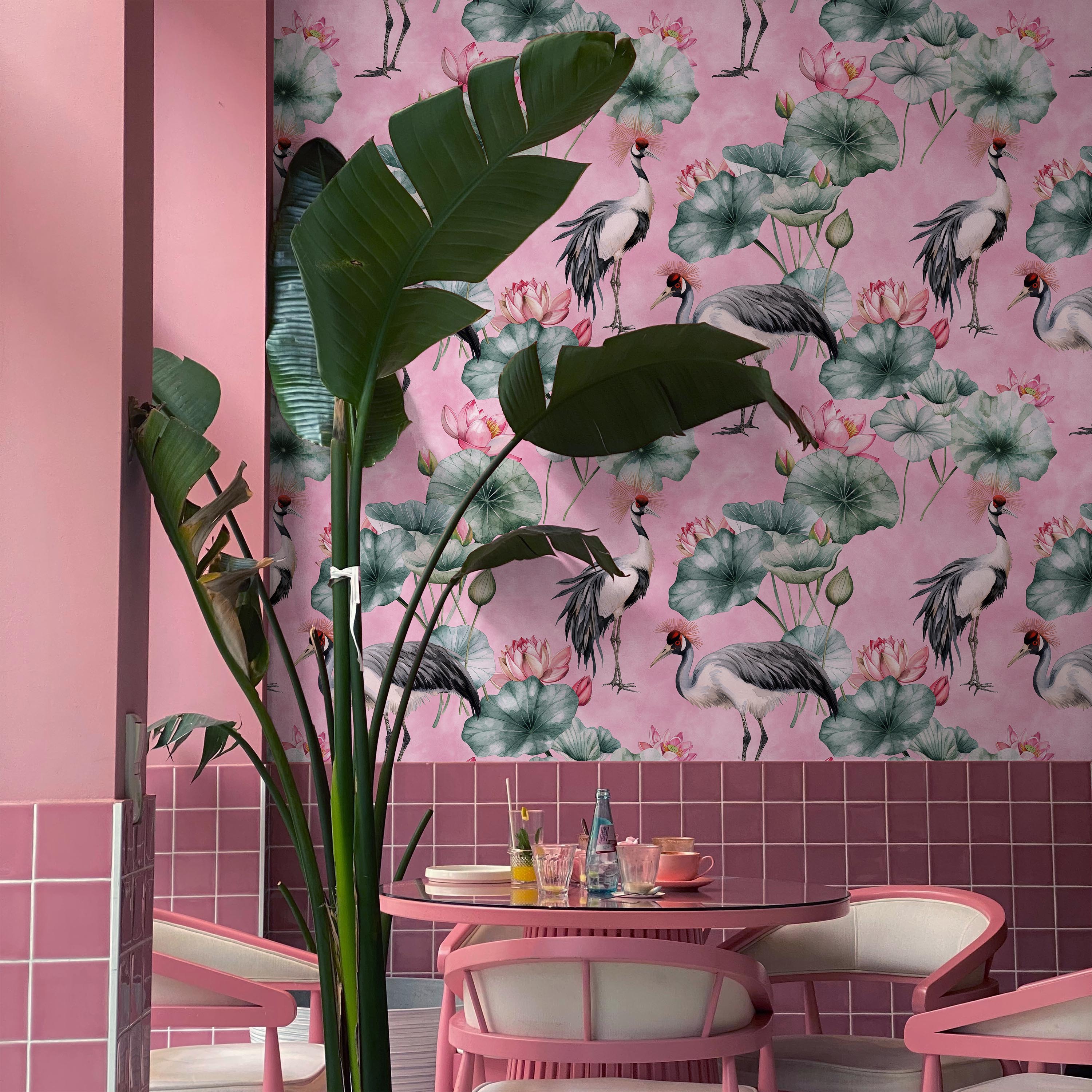 Crowned Cranes Peel and Stick Wallpaper, Removable Wallpaper, Traditional Wallpaper - Pink | DeccoPrint
