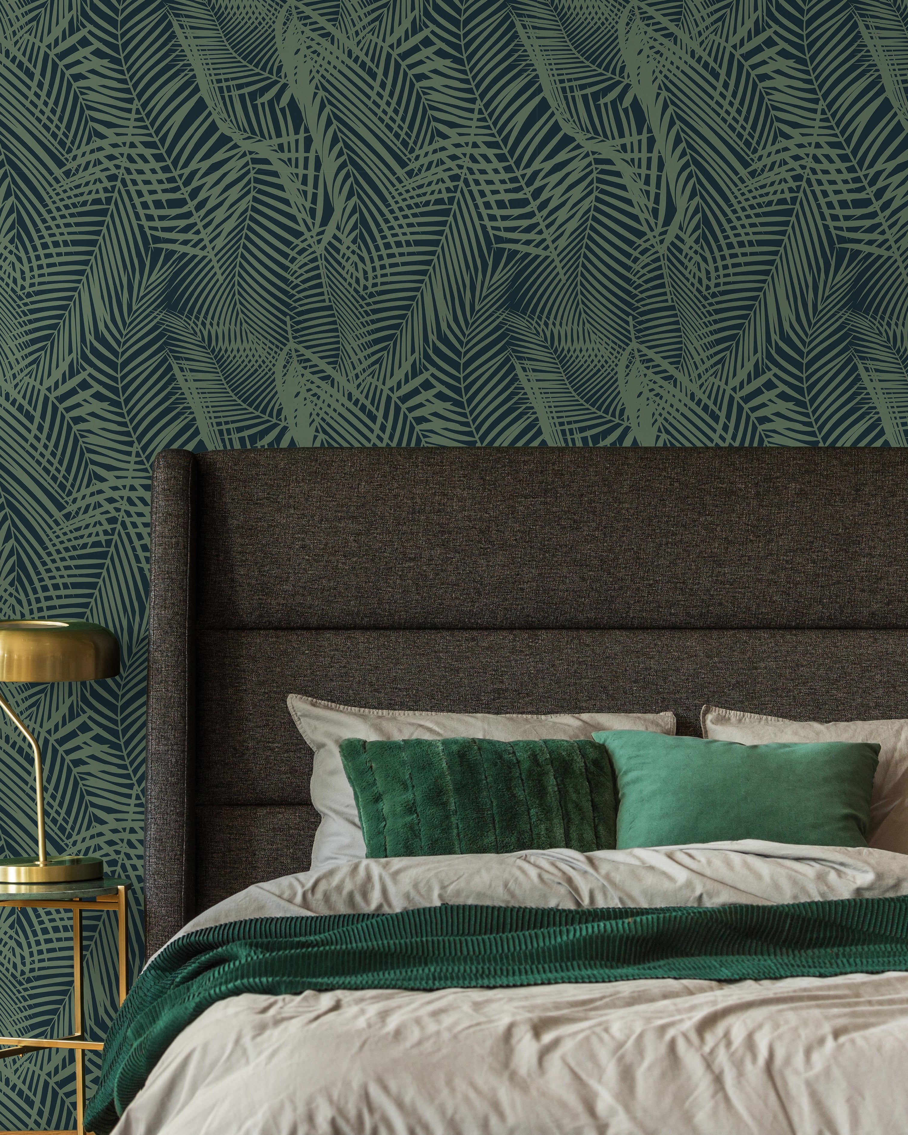 Palm Leaves Peel and Stick Wallpaper, Removable Wallpaper, Traditional Wallpaper - Green | DeccoPrint