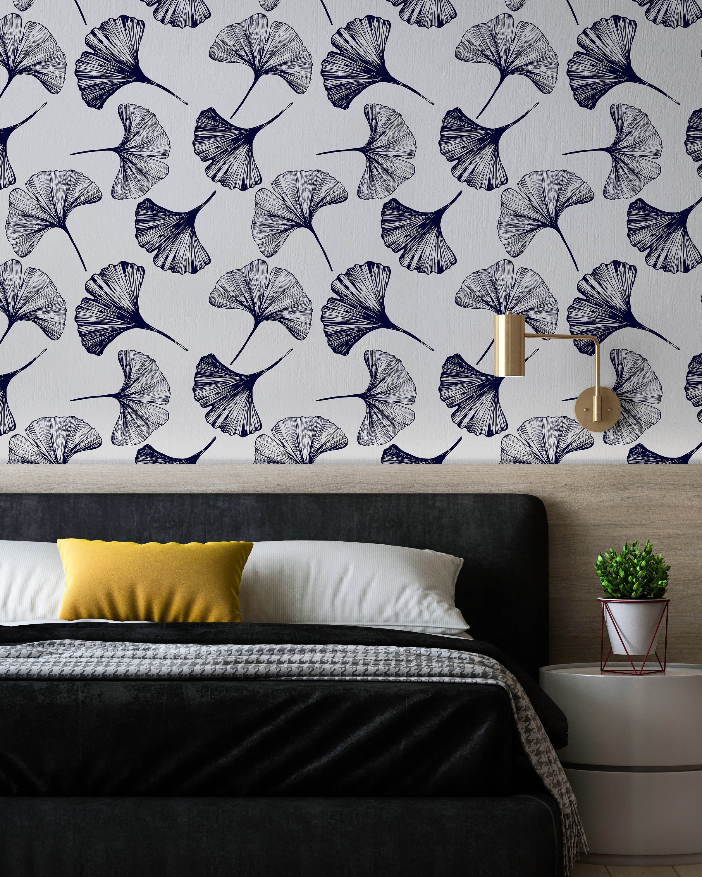 Ginkgo Leaves Peel and Stick Wallpaper, Removable Wallpaper, Traditional Wallpaper - Navy | DeccoPrint
