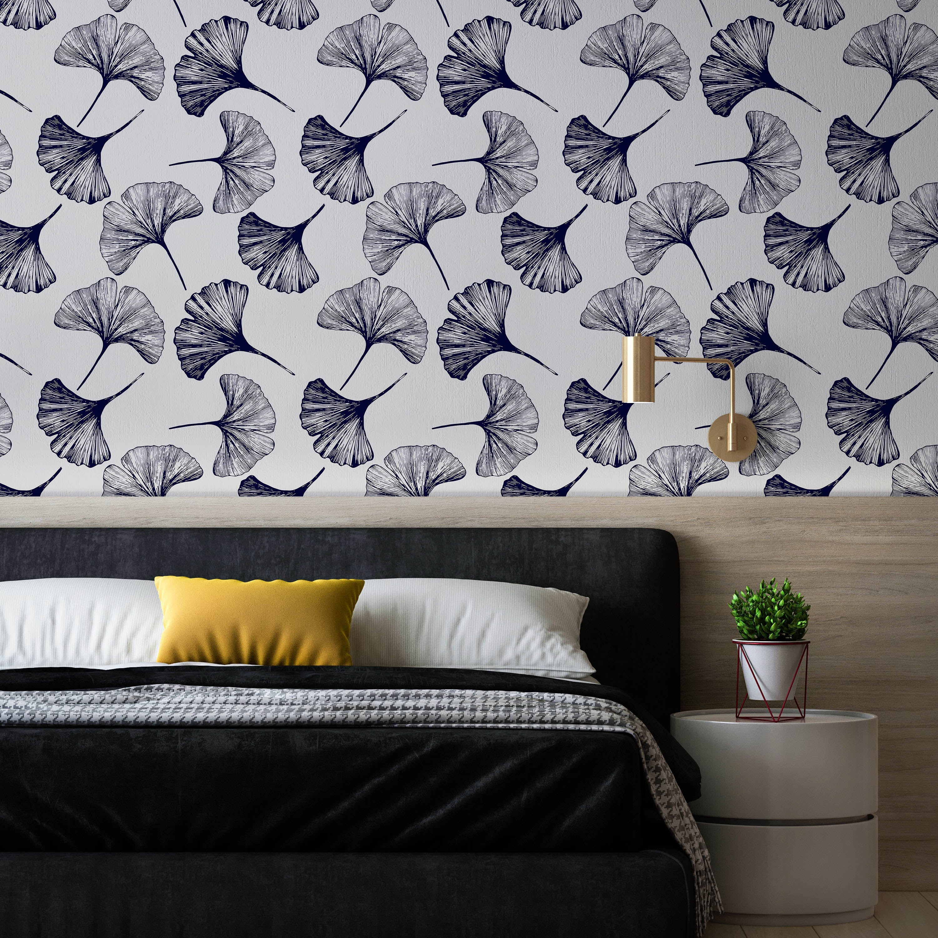 Ginkgo Leaves Peel and Stick Wallpaper, Removable Wallpaper, Traditional Wallpaper - Navy | DeccoPrint