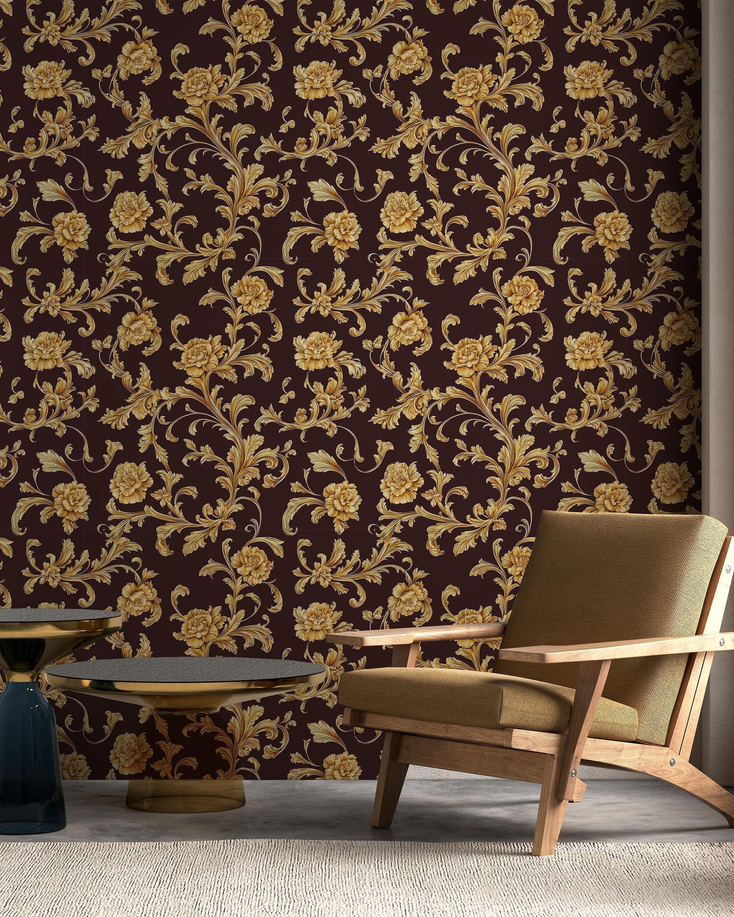 Baroque Floral Peel and Stick Wallpaper, Removable Wallpaper, Traditional Wallpaper - Burgundy Brown | DeccoPrint