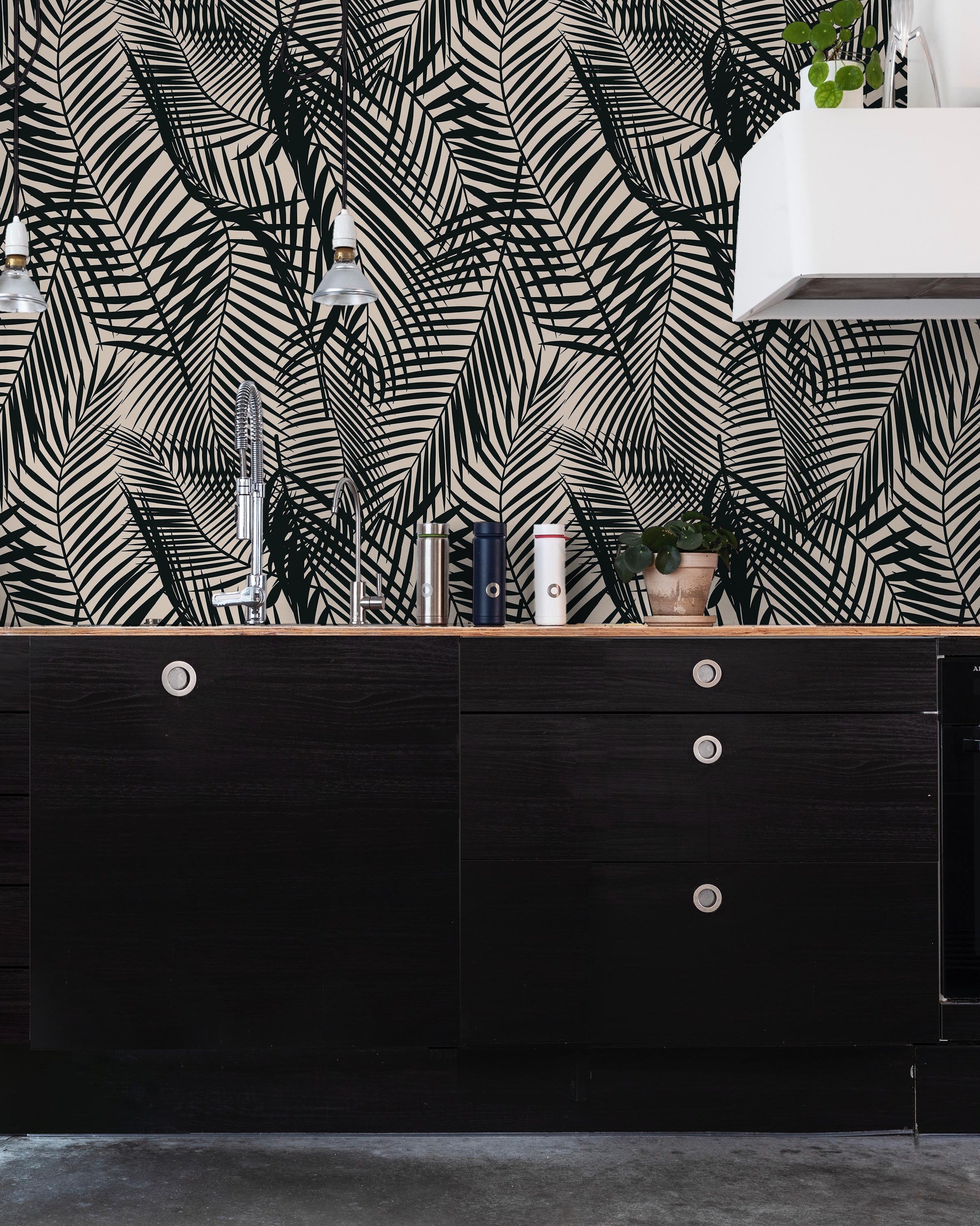 Palm Leaves Peel and Stick Wallpaper, Removable Wallpaper, Traditional Wallpaper - Black | DeccoPrint