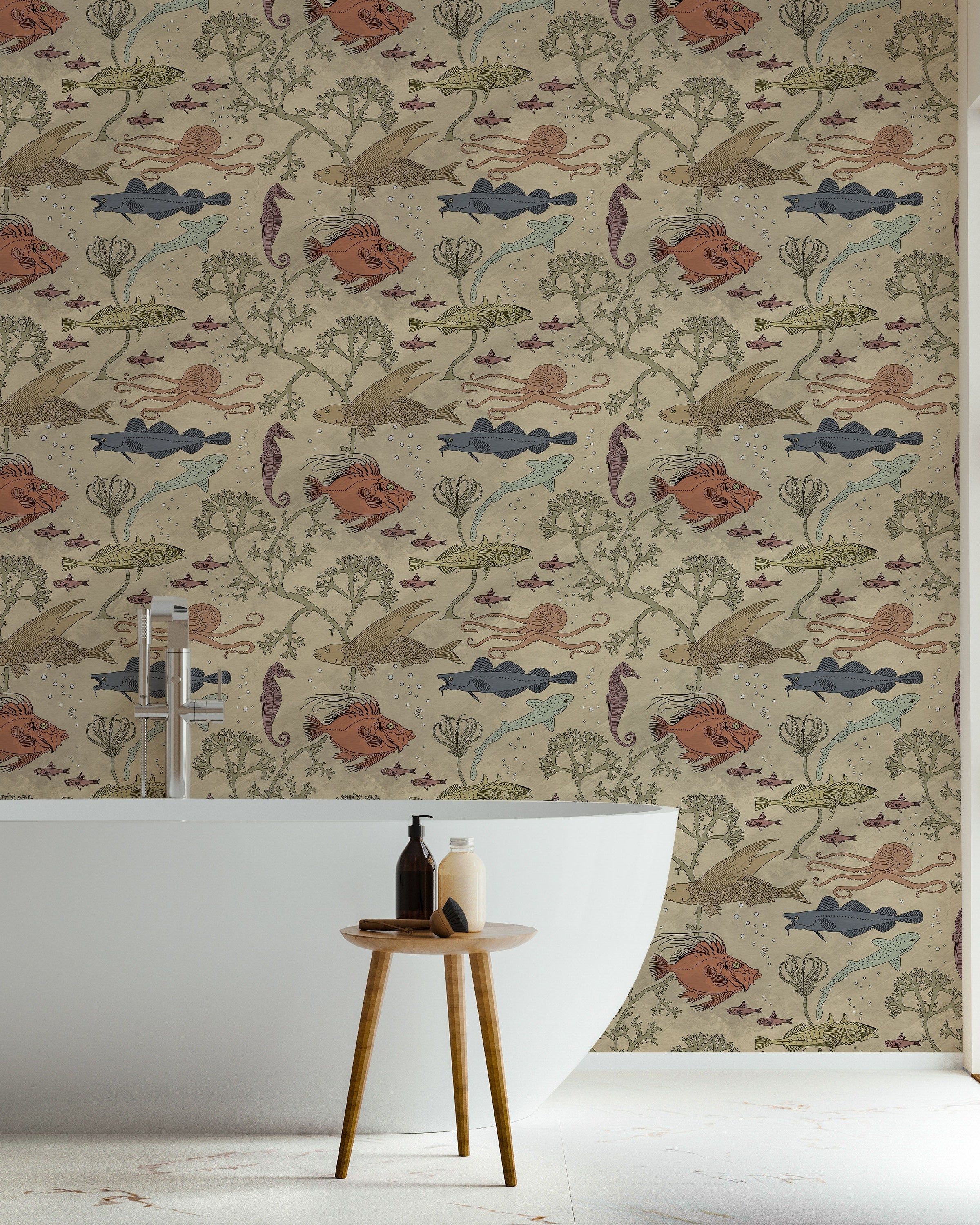Maurice Pillard Verneuil x Sea Creatures Peel and Stick Wallpaper, Removable Wallpaper, Traditional Wallpaper - Antique Beige | DeccoPrint