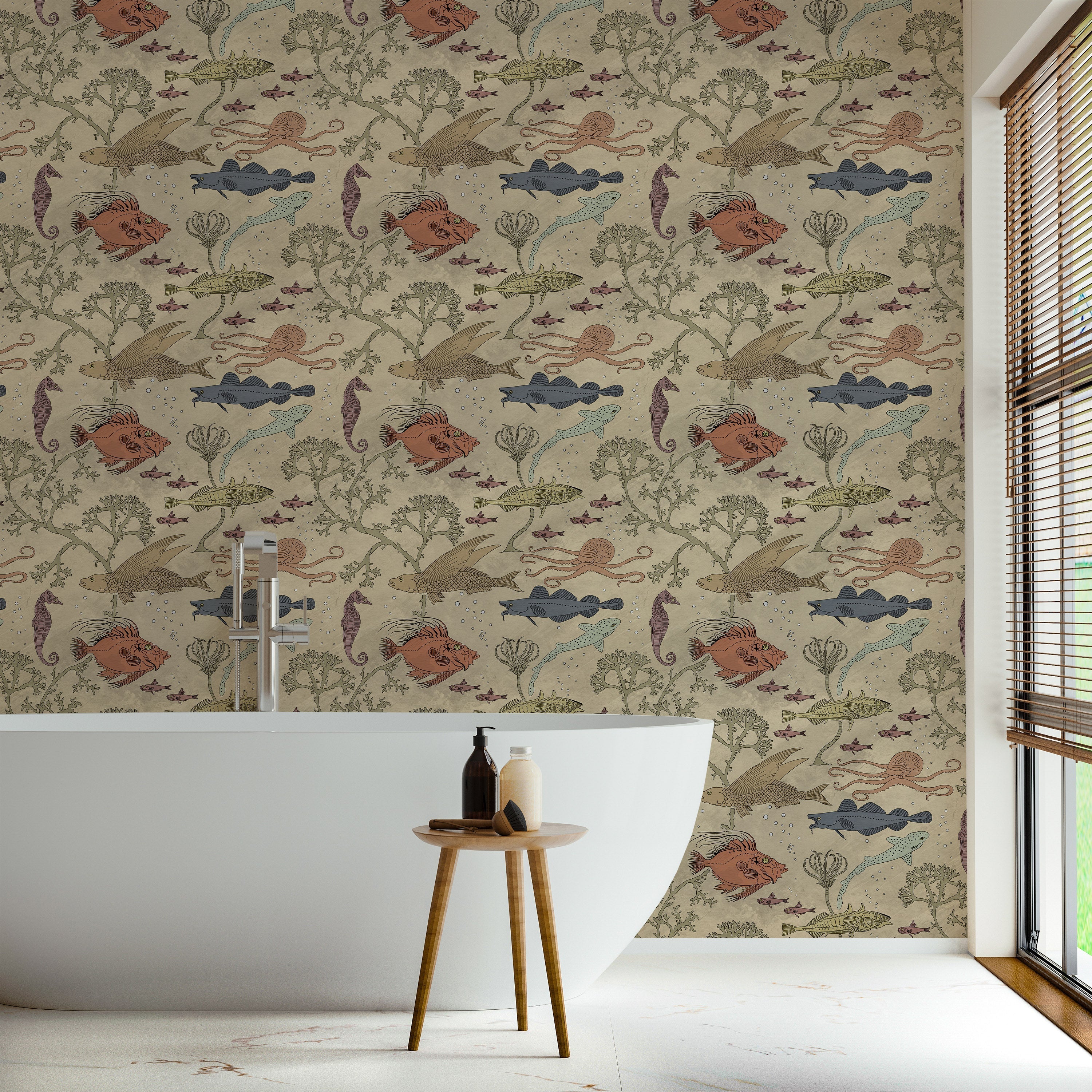 Maurice Pillard Verneuil x Sea Creatures Peel and Stick Wallpaper, Removable Wallpaper, Traditional Wallpaper - Antique Beige | DeccoPrint