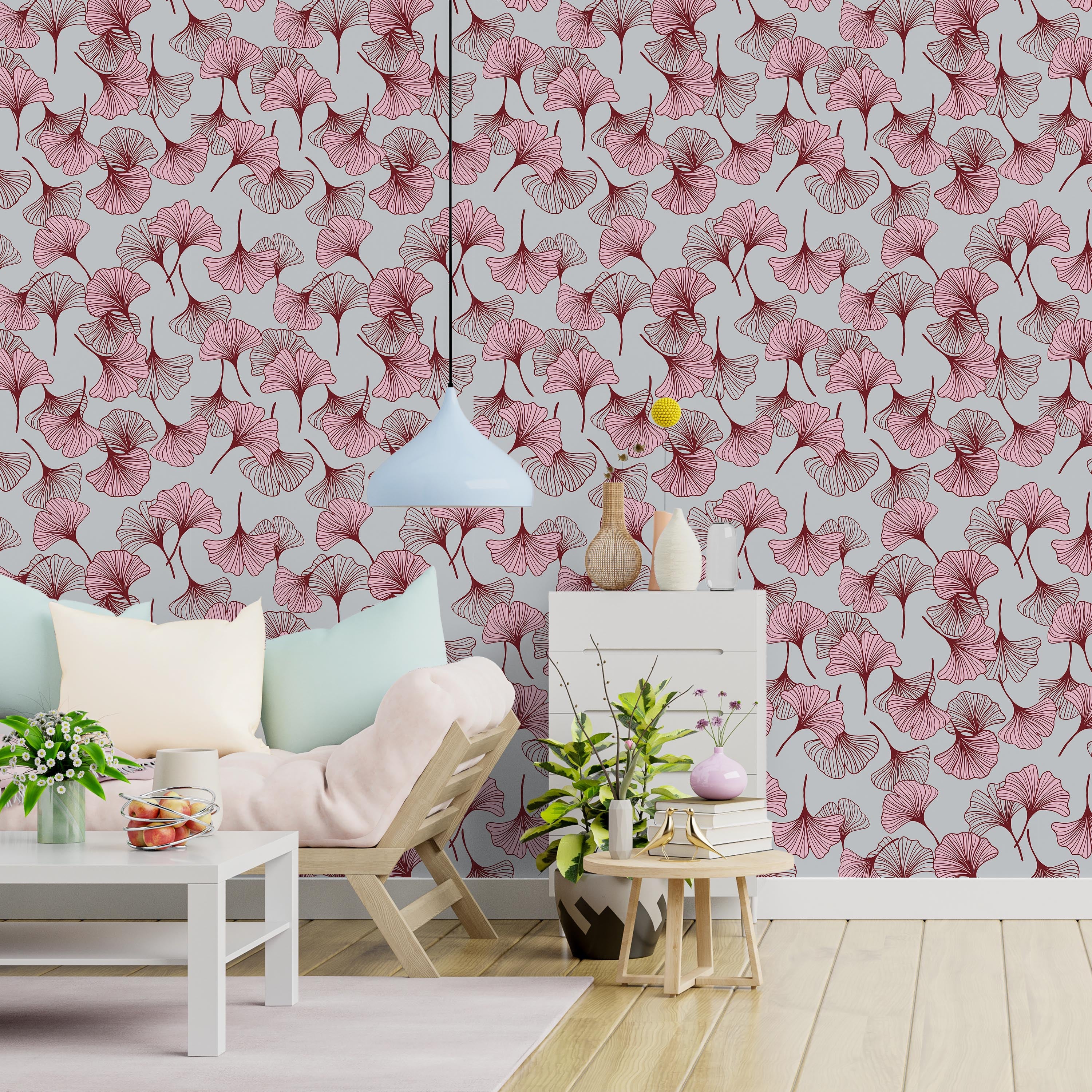 Ginkgo Garden Peel and Stick Wallpaper, Removable Wallpaper, Traditional Wallpaper - Pink | DeccoPrint