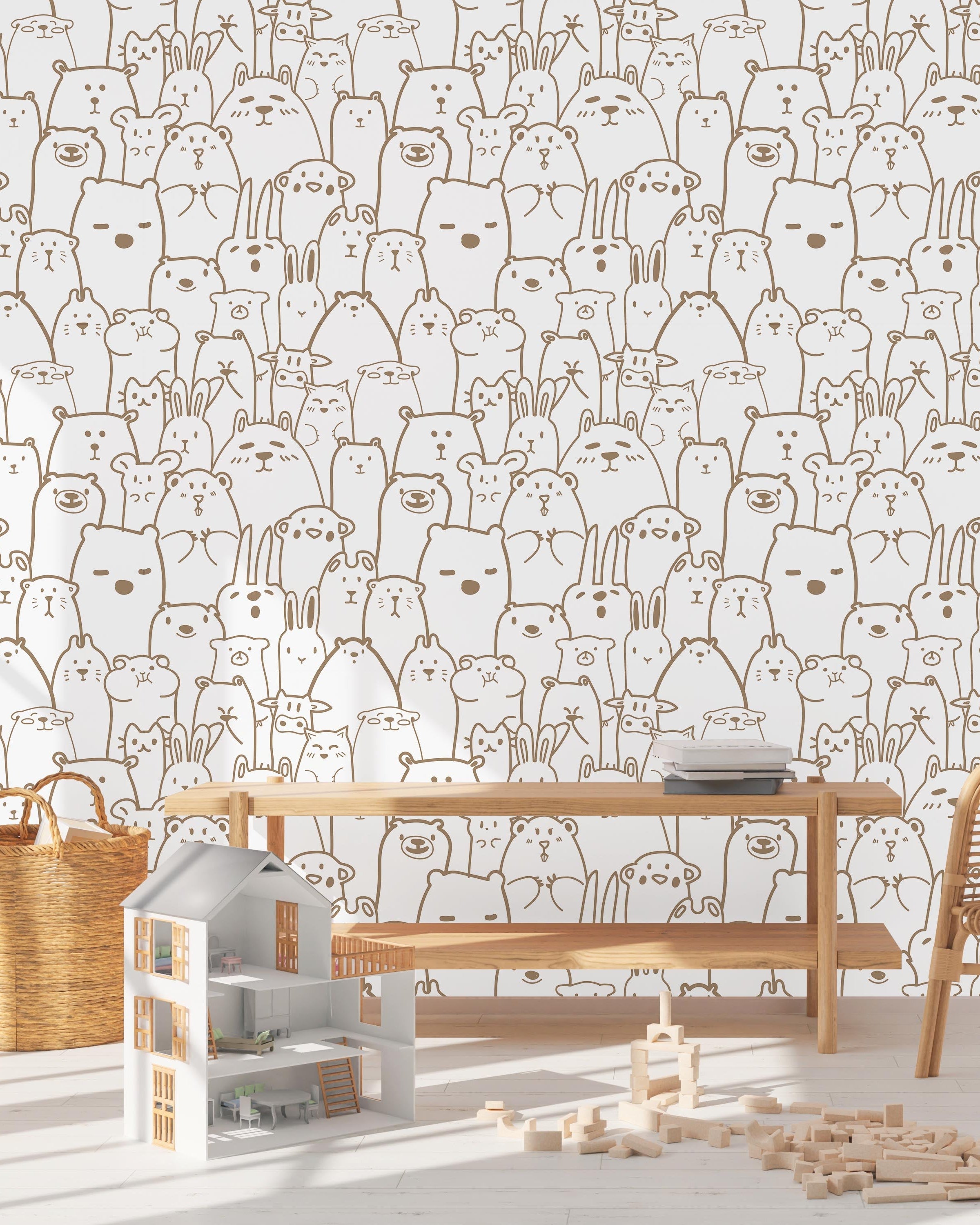 Animal Doodles Peel and Stick Wallpaper, Removable Wallpaper, Traditional Wallpaper - Brown | DeccoPrint