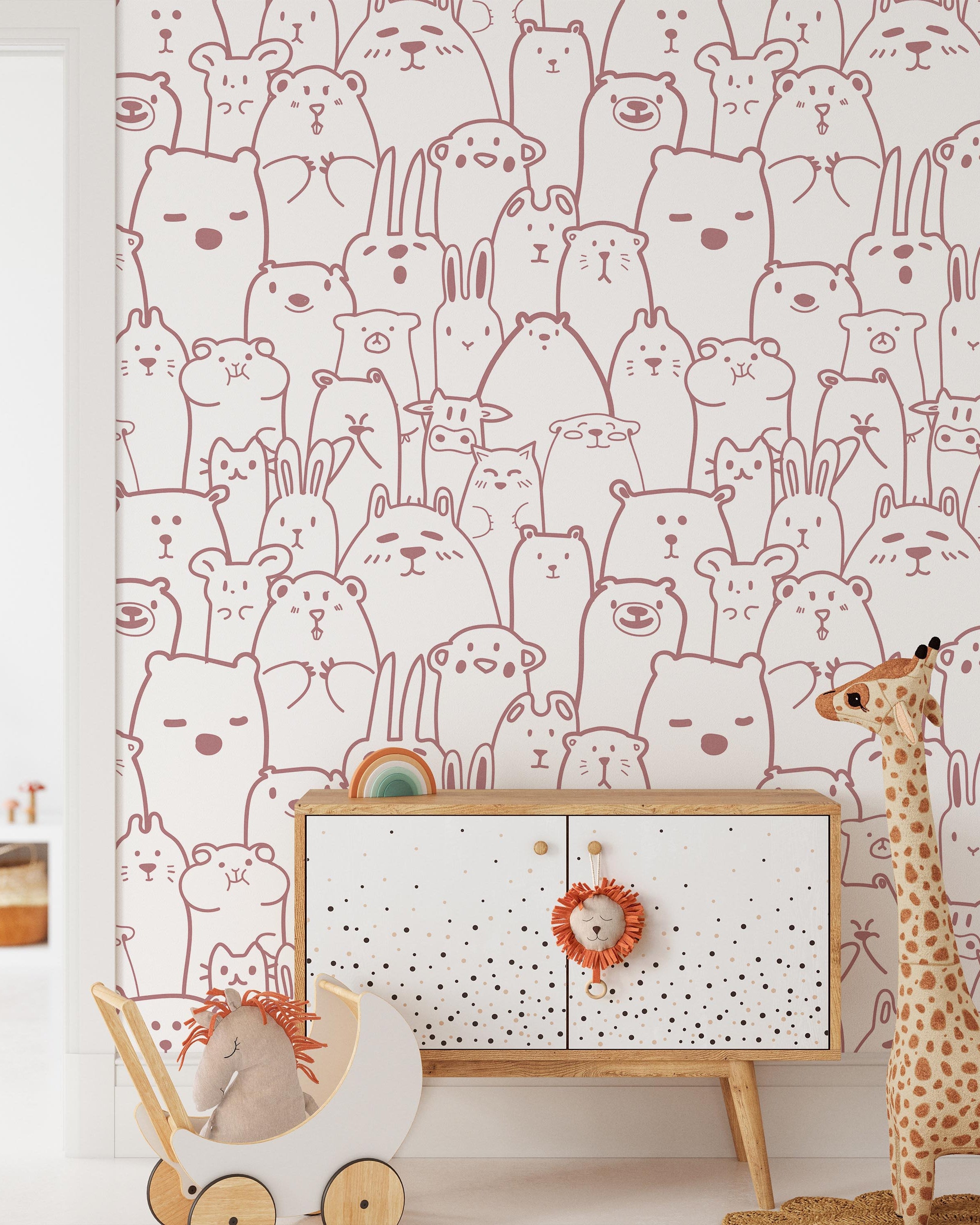 Animal Doodles Peel and Stick Wallpaper, Removable Wallpaper, Traditional Wallpaper - Pink | DeccoPrint