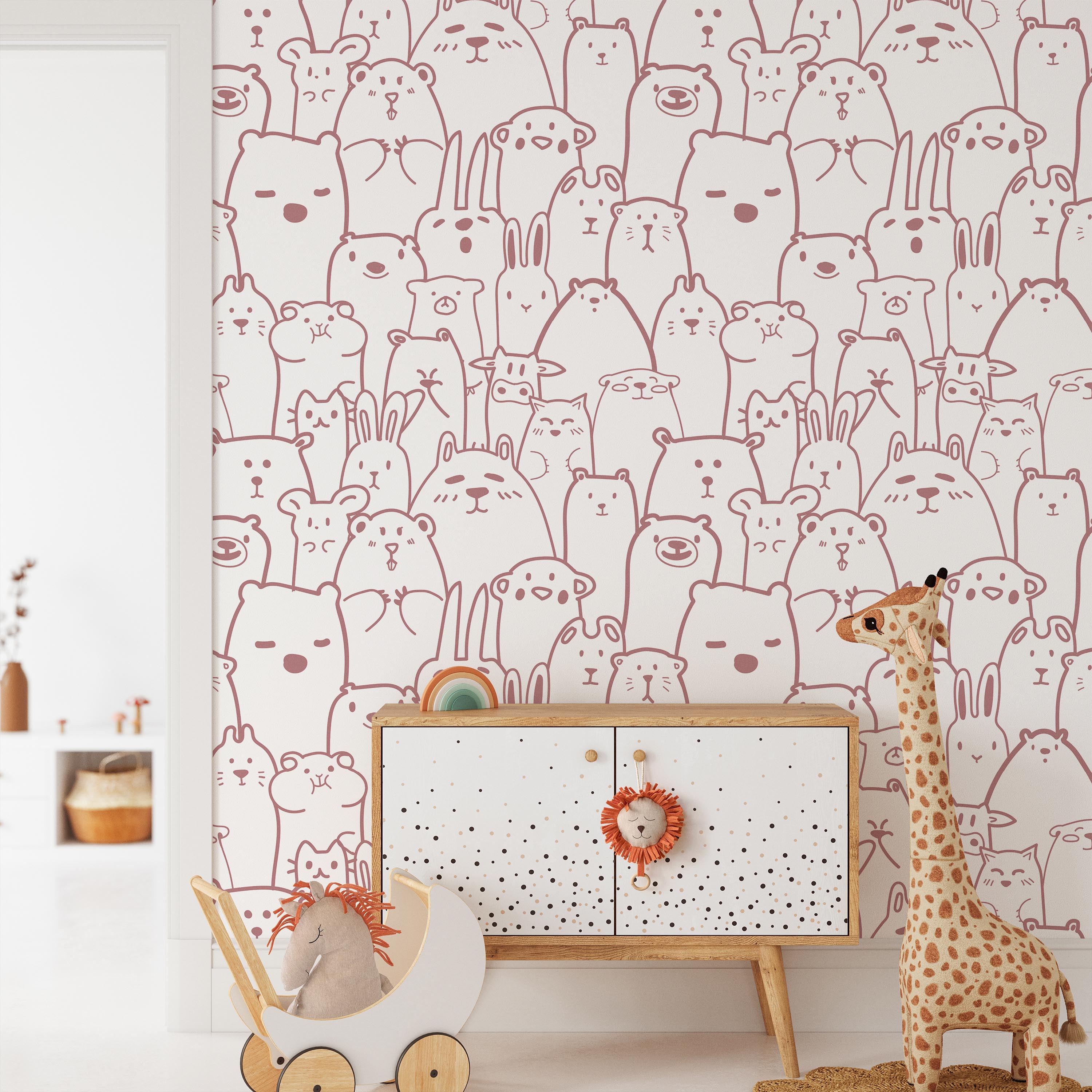 Animal Doodles Peel and Stick Wallpaper, Removable Wallpaper, Traditional Wallpaper - Pink | DeccoPrint
