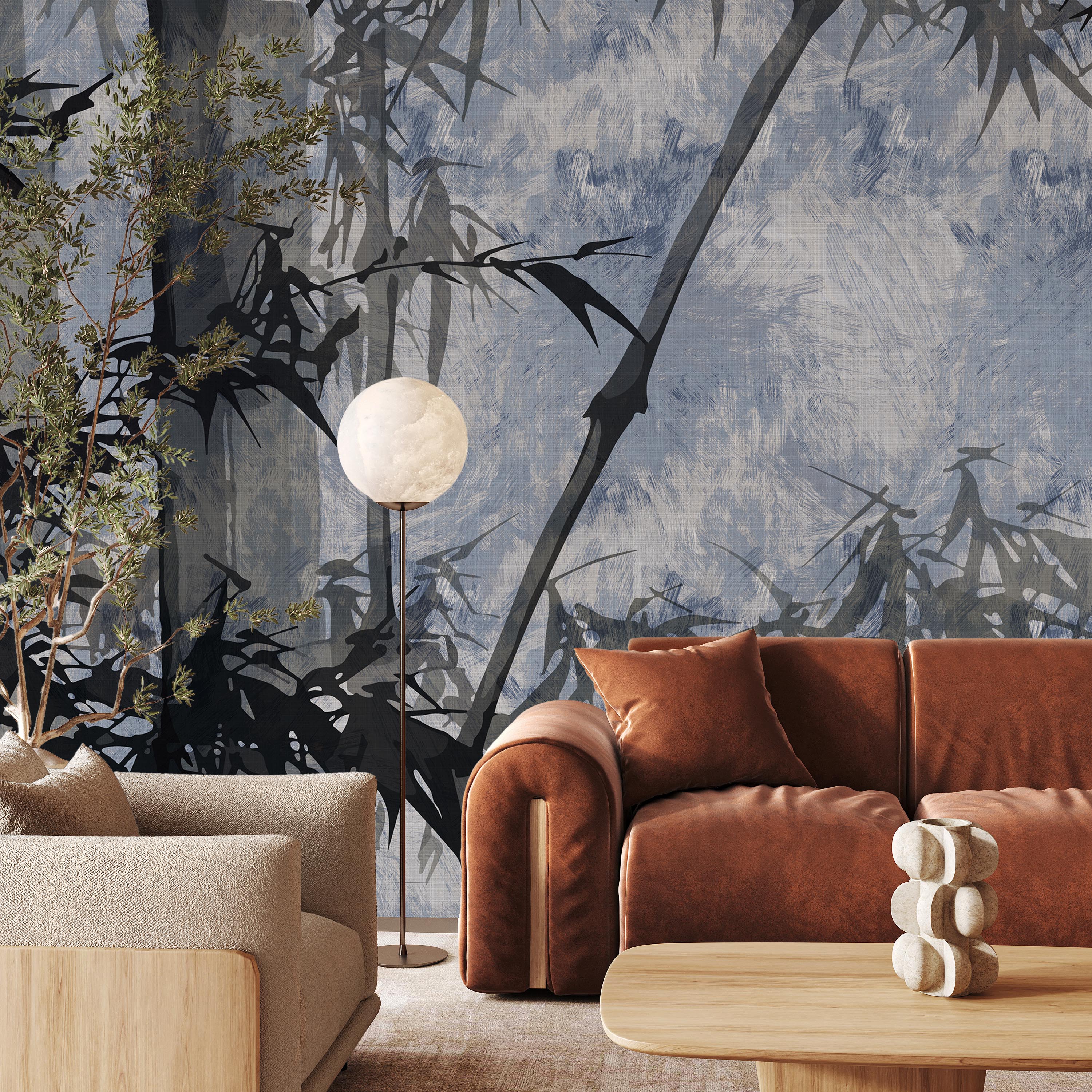 Bamboo Tree Mural Peel and Stick Wallpaper, Removable Wallpaper, Traditional Wallpaper - Blue | DeccoPrint