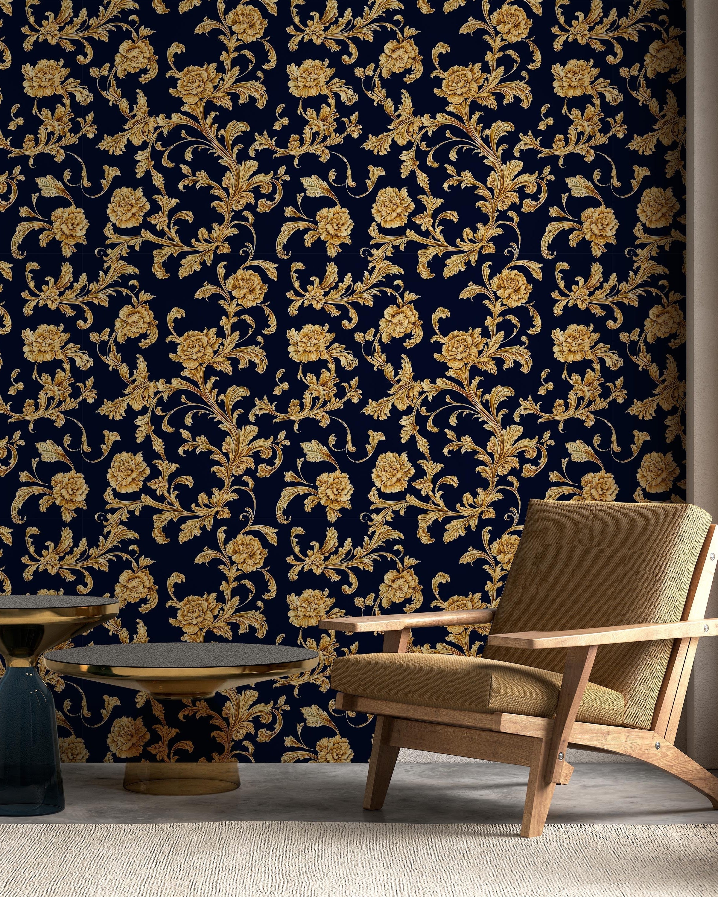 Baroque Floral Peel and Stick Wallpaper, Removable Wallpaper, Traditional Wallpaper - Navy blue | DeccoPrint