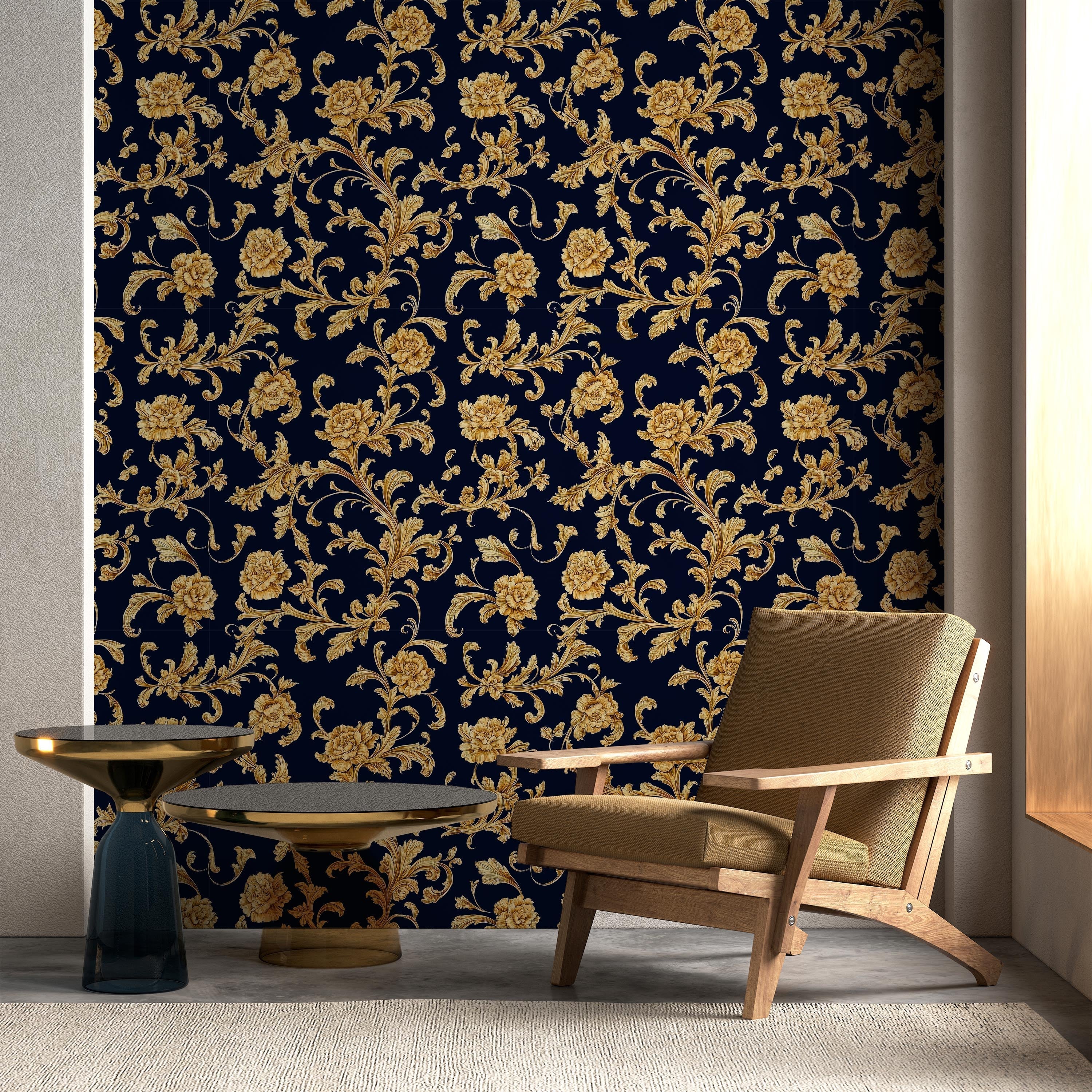 Baroque Floral Peel and Stick Wallpaper, Removable Wallpaper, Traditional Wallpaper - Navy blue | DeccoPrint