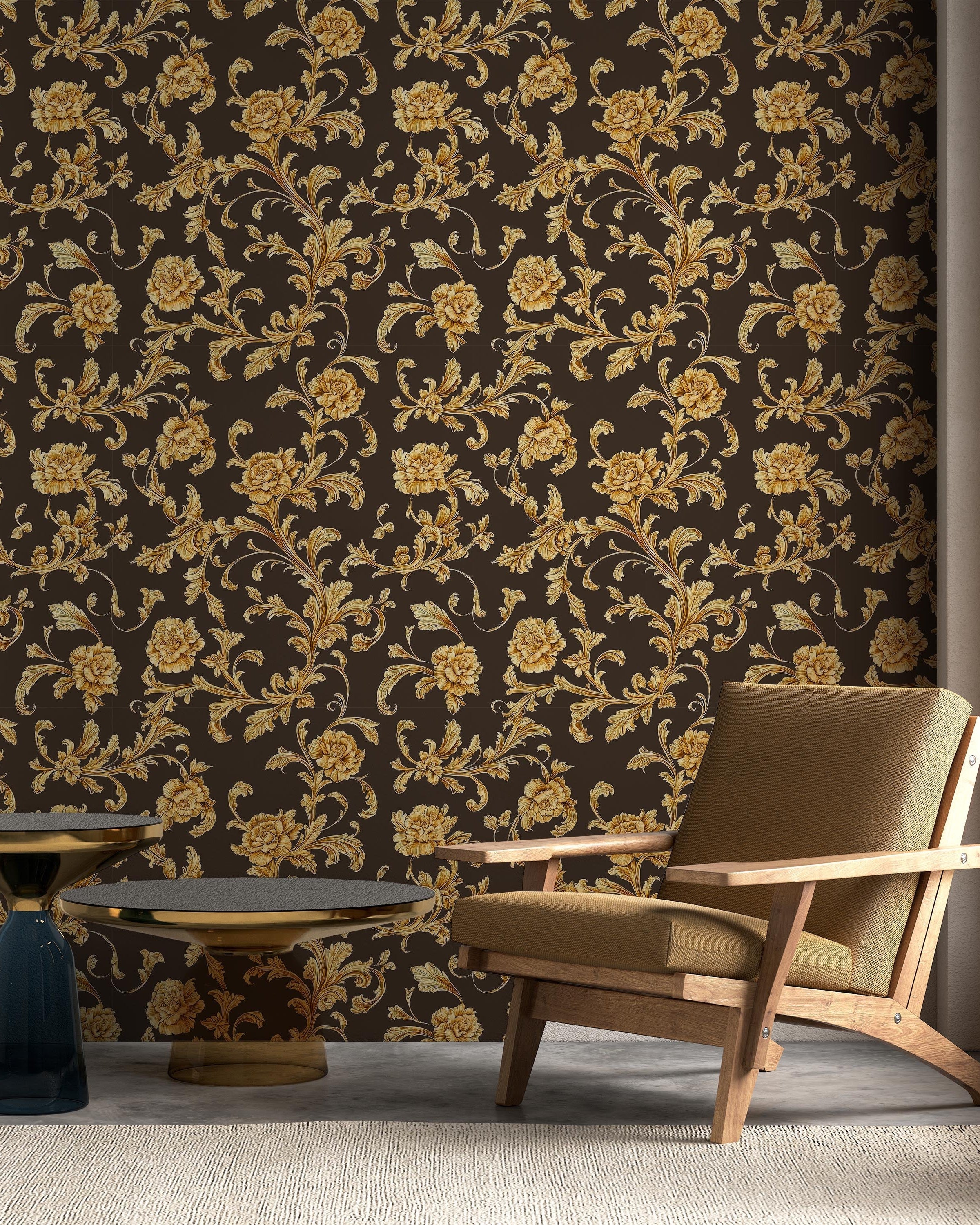 Baroque Floral Peel and Stick Wallpaper, Removable Wallpaper, Traditional Wallpaper - Cool Brown | DeccoPrint