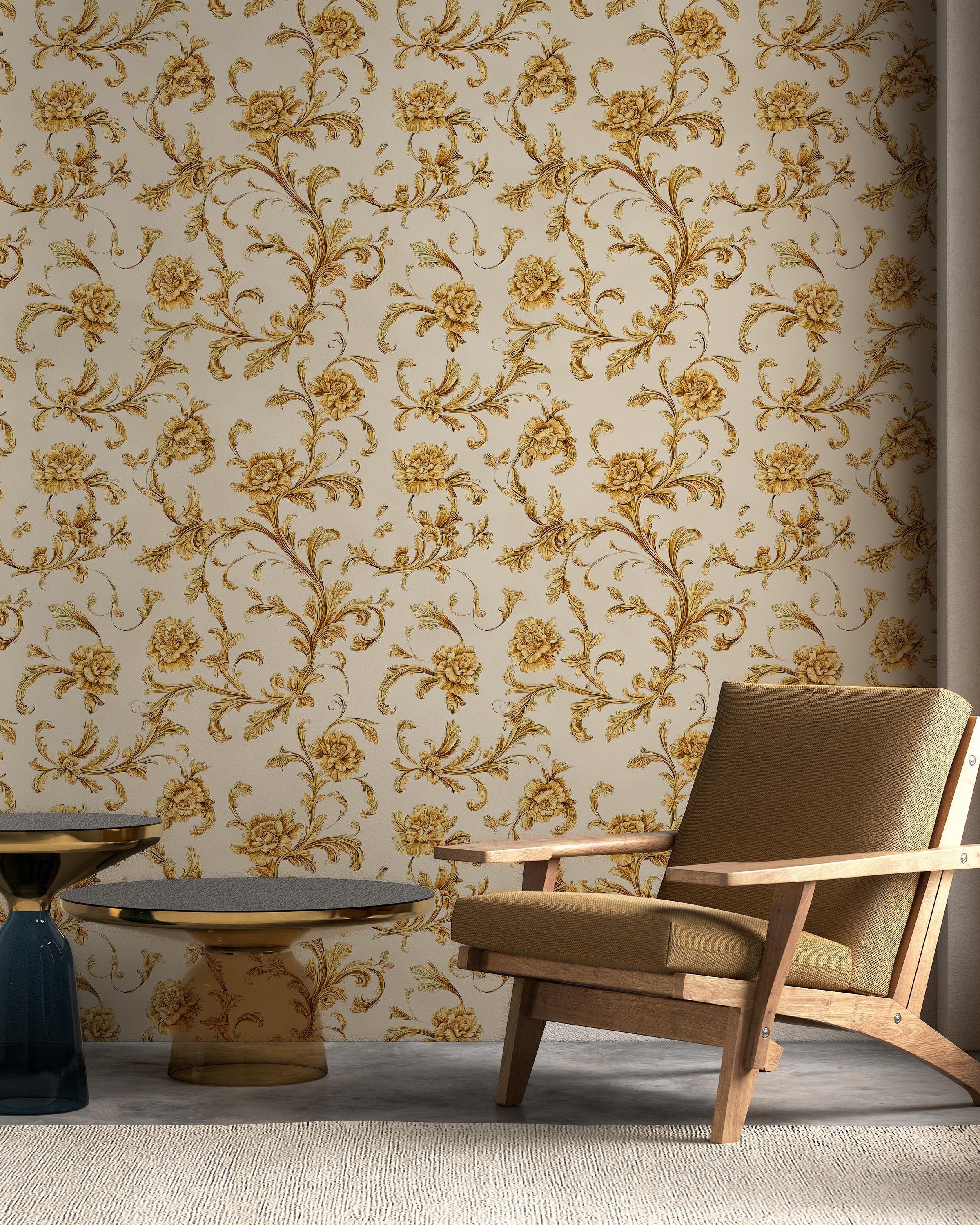 Baroque Floral Peel and Stick Wallpaper, Removable Wallpaper, Traditional Wallpaper - Cream | DeccoPrint