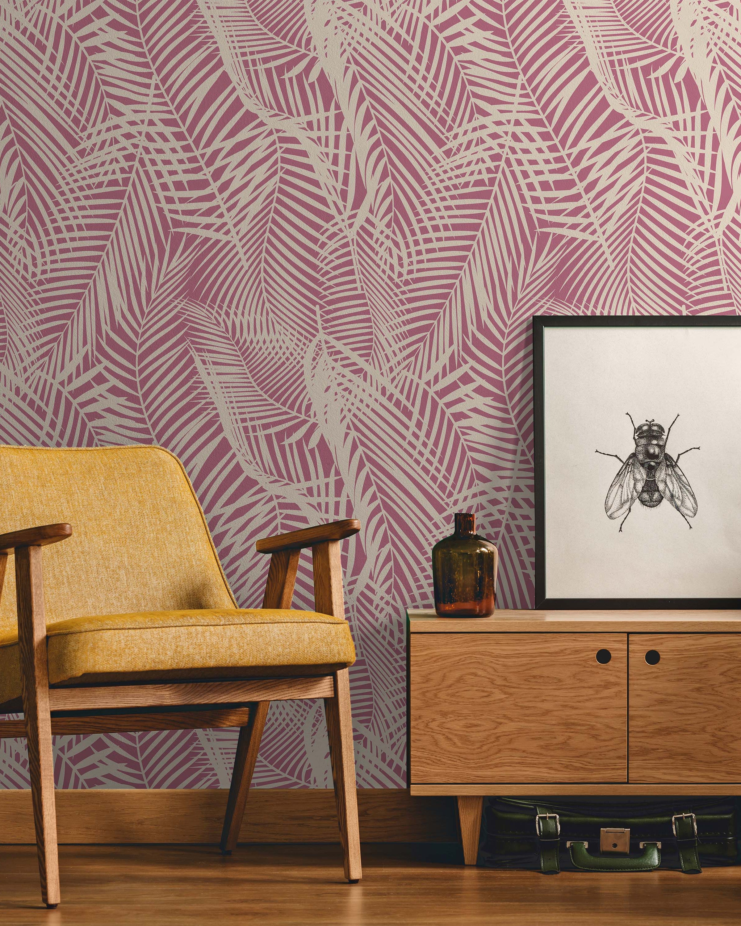 Palm Leaves Peel and Stick Wallpaper, Removable Wallpaper, Traditional Wallpaper - Pink | DeccoPrint
