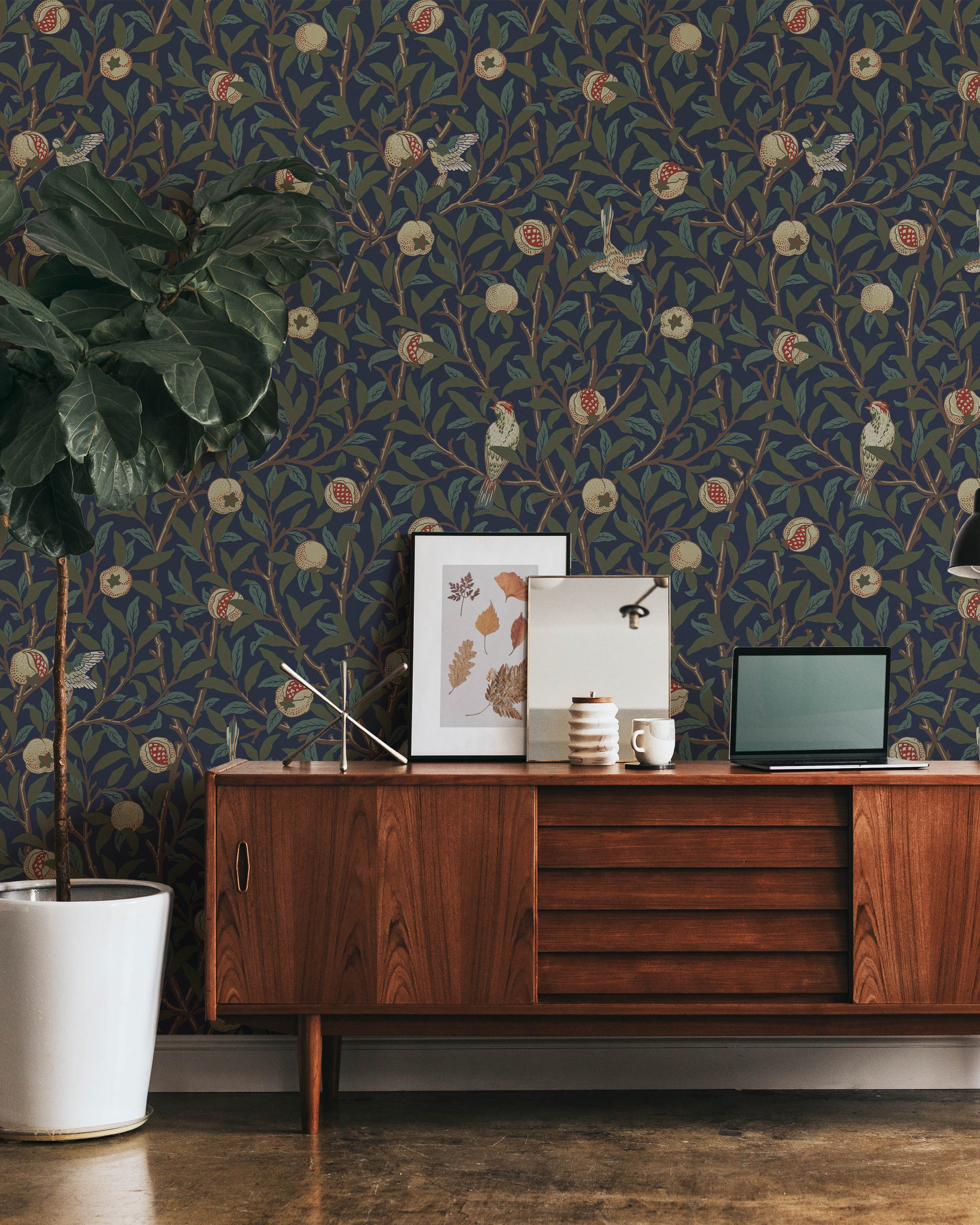 William Morris X Bird and Pomegranate Peel and Stick Wallpaper, Removable Wallpaper, Traditional Wallpaper - Blue | DeccoPrint