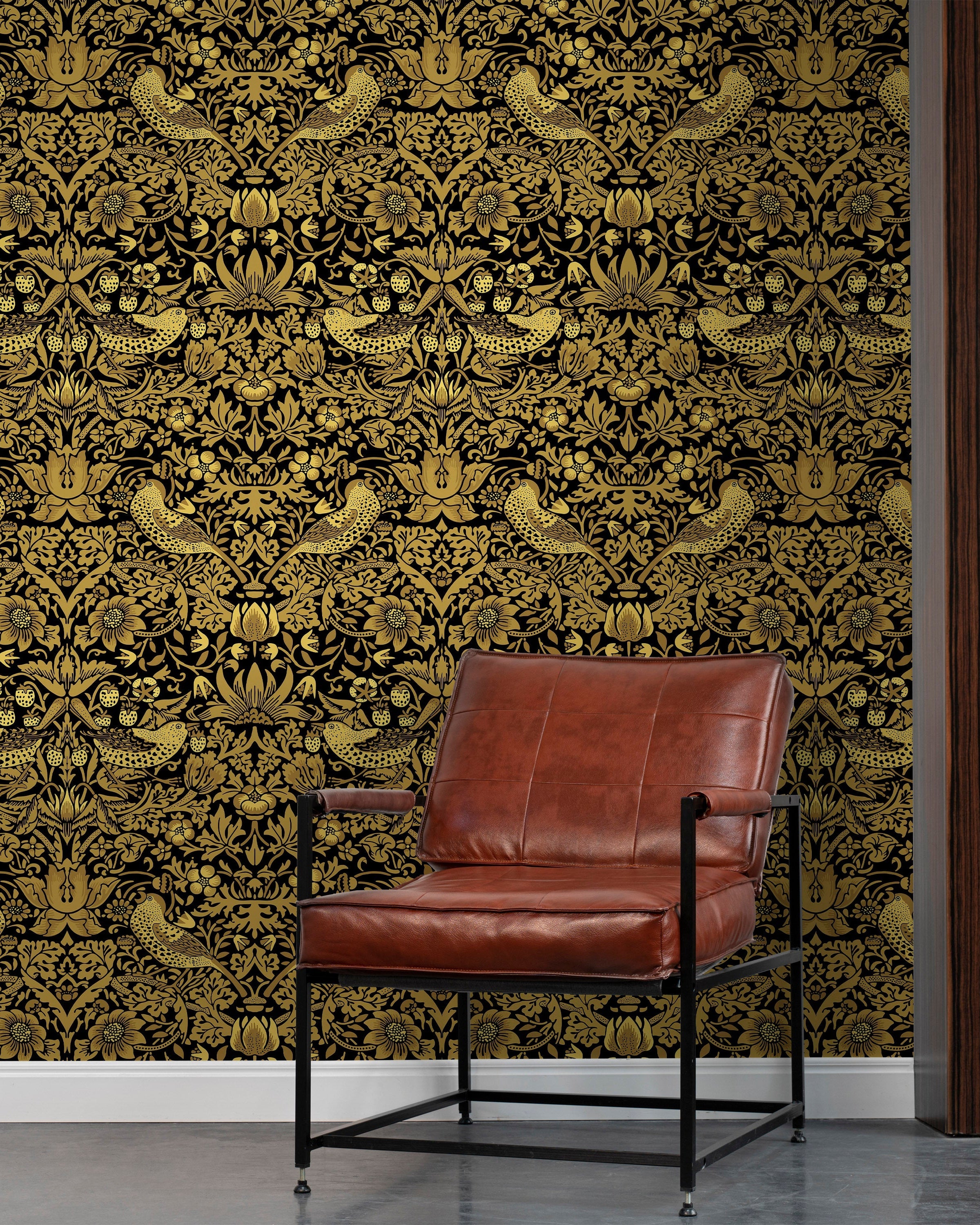 William Morris X Strawberry Thief Peel and Stick Wallpaper, Removable Wallpaper, Traditional Wallpaper - Gold | DeccoPrint