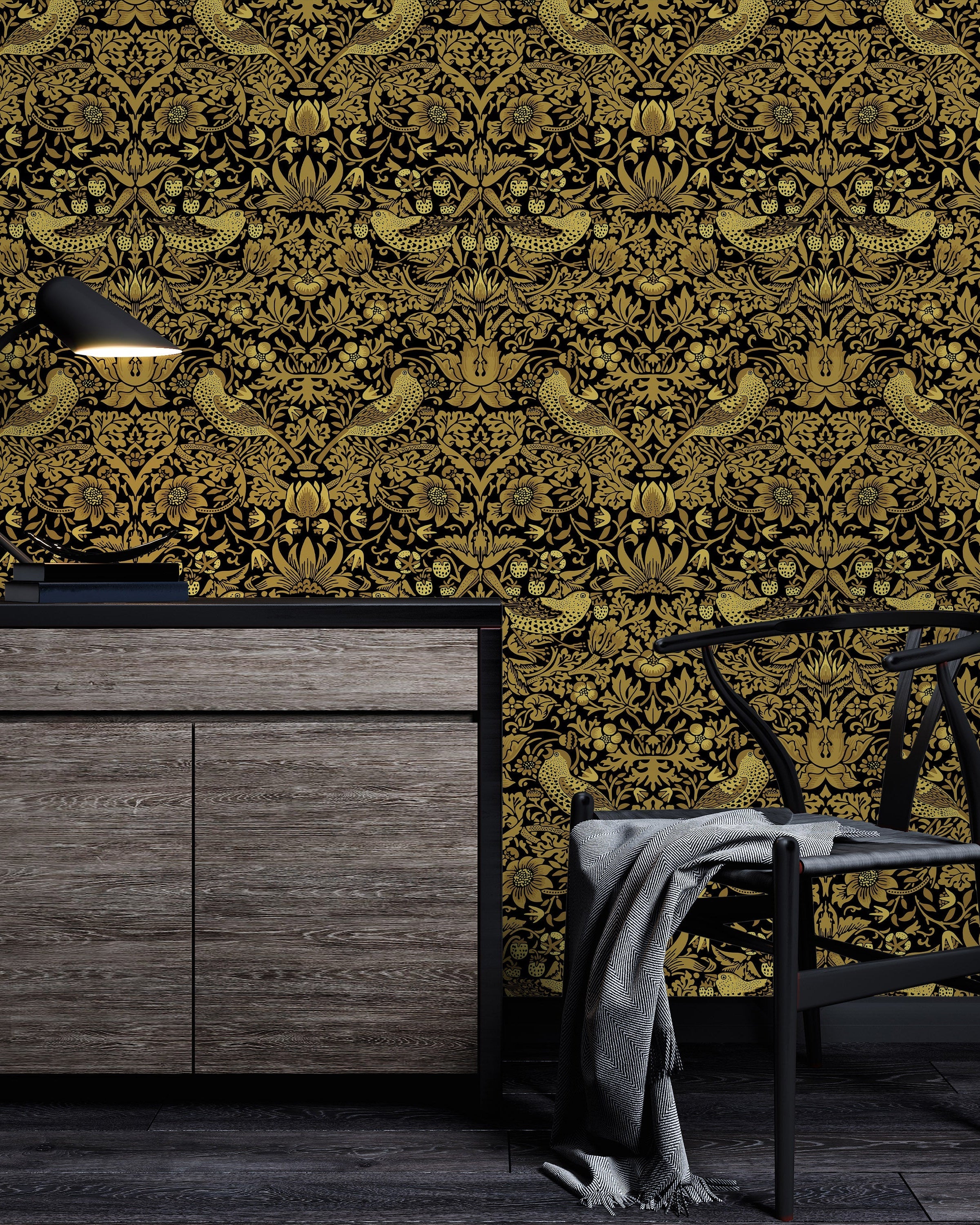 William Morris X Strawberry Thief Peel and Stick Wallpaper, Removable Wallpaper, Traditional Wallpaper - Gold | DeccoPrint