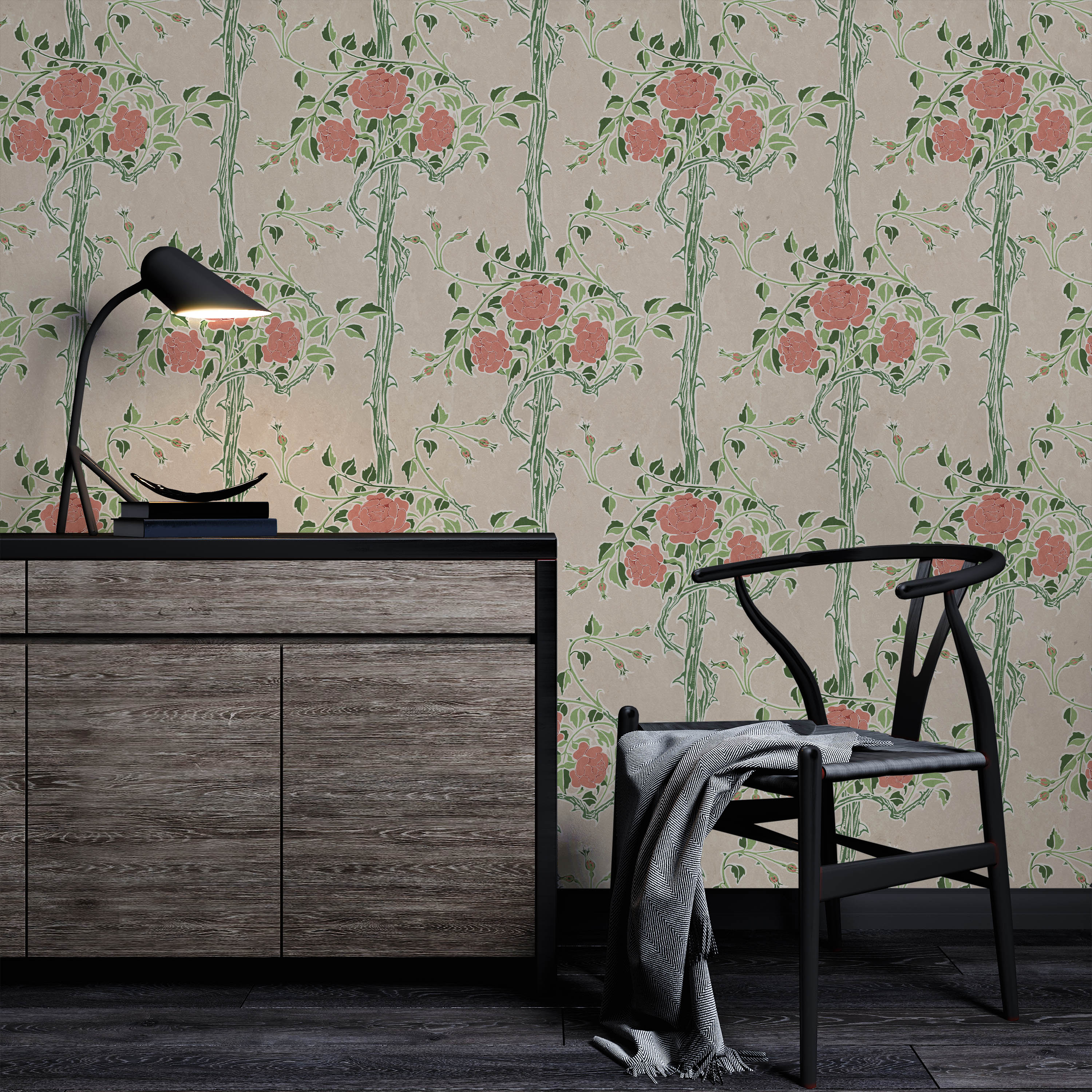 Walter Crane x Rose Bush Peel and Stick Wallpaper, Removable Wallpaper, Traditional Wallpaper - Soft Beige | DeccoPrint