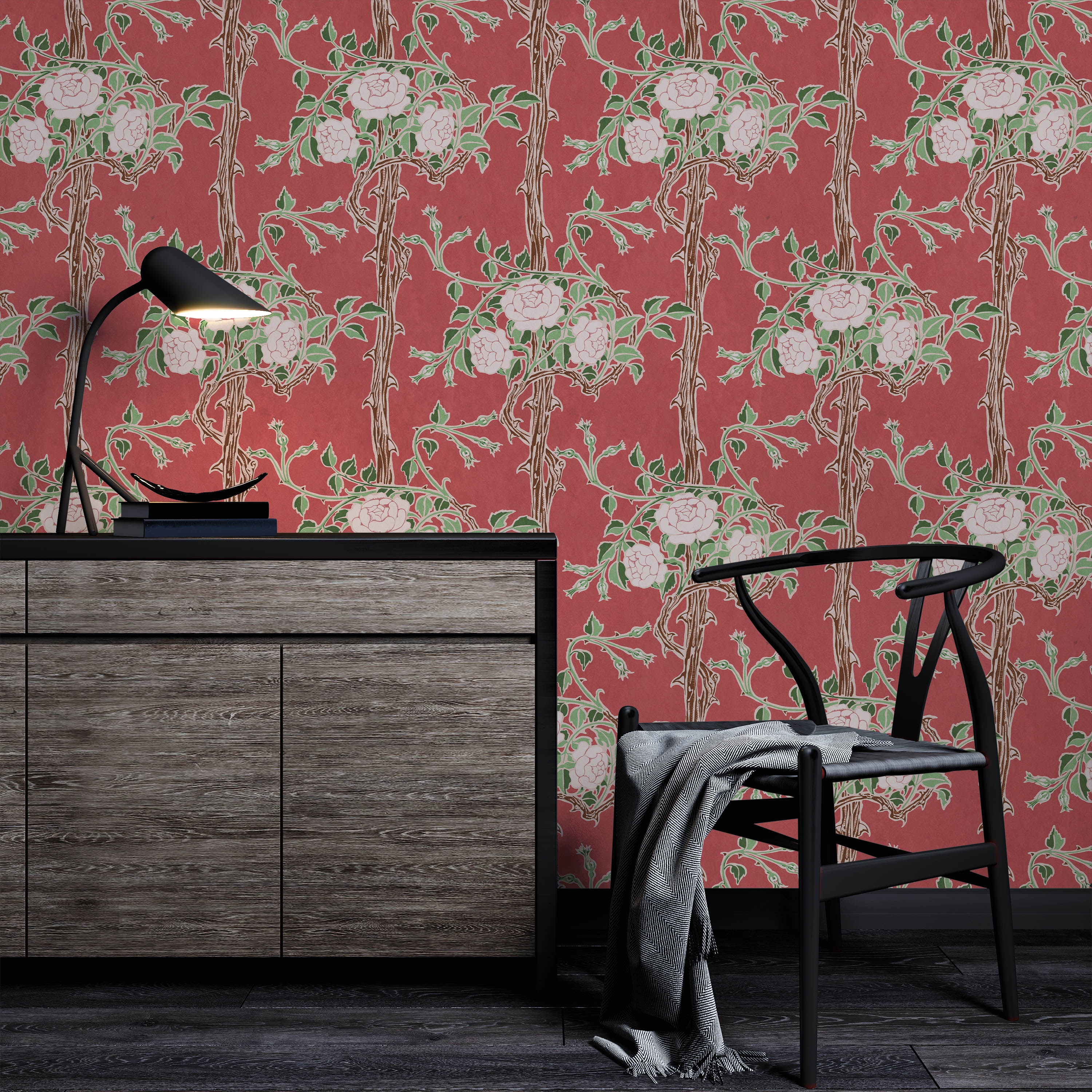 Walter Crane x Rose Bush Peel and Stick Wallpaper, Removable Wallpaper, Traditional Wallpaper - Ember Red | DeccoPrint