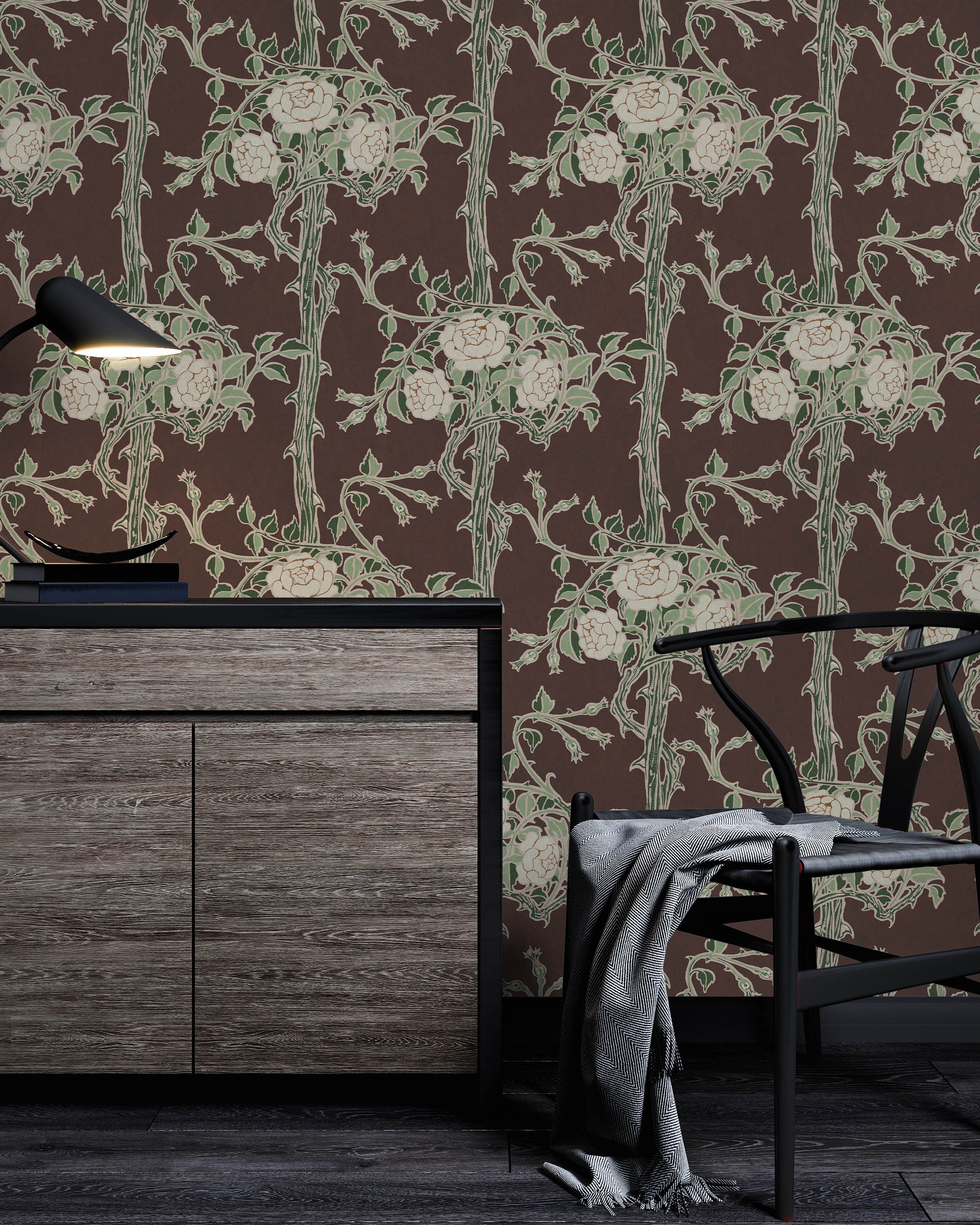 Walter Crane x Rose Bush Peel and Stick Wallpaper, Removable Wallpaper, Traditional Wallpaper - Rustic Brown | DeccoPrint
