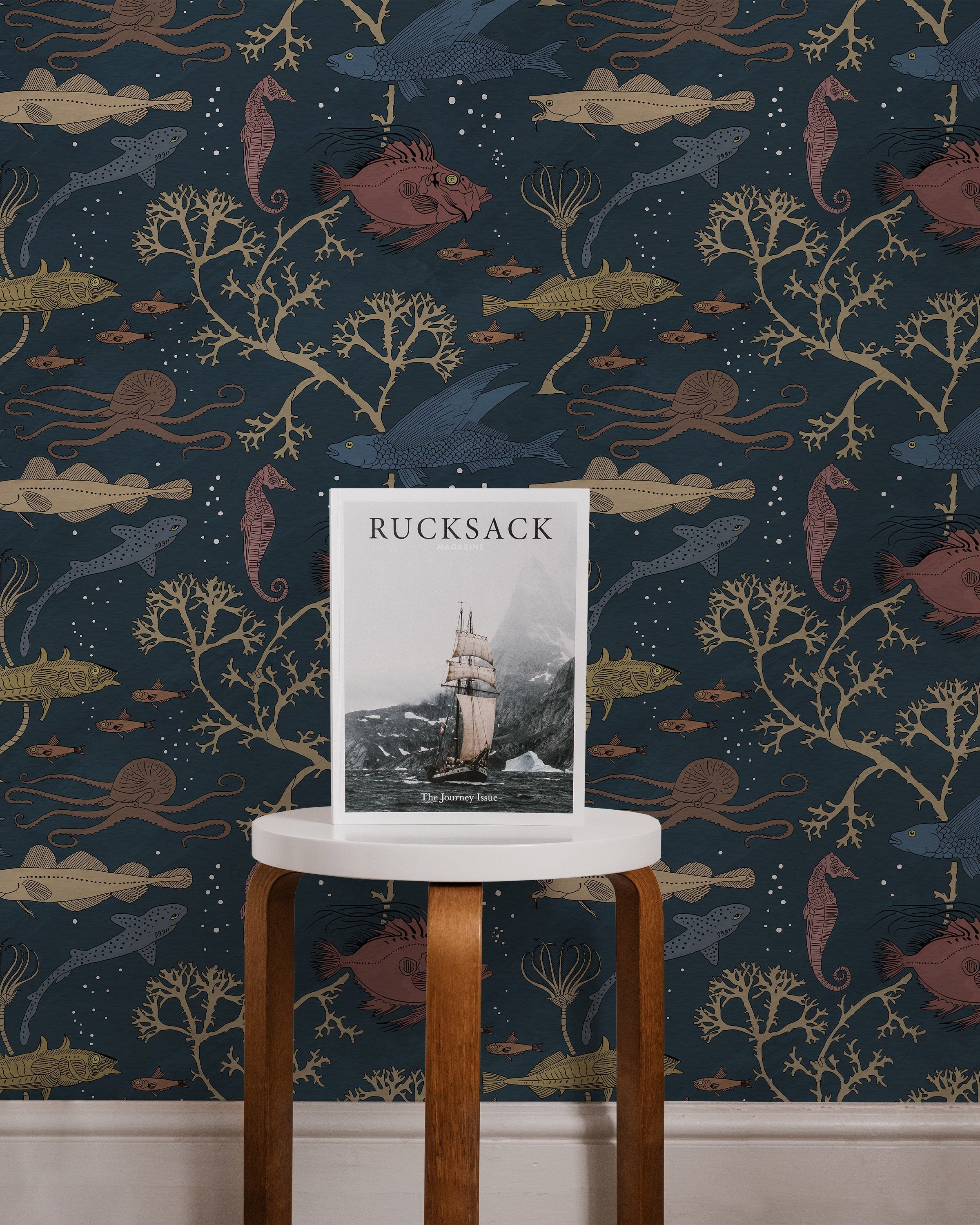 Maurice Pillard Verneuil x Sea Creatures Peel and Stick Wallpaper, Removable Wallpaper, Traditional Wallpaper - Deep Blue | DeccoPrint