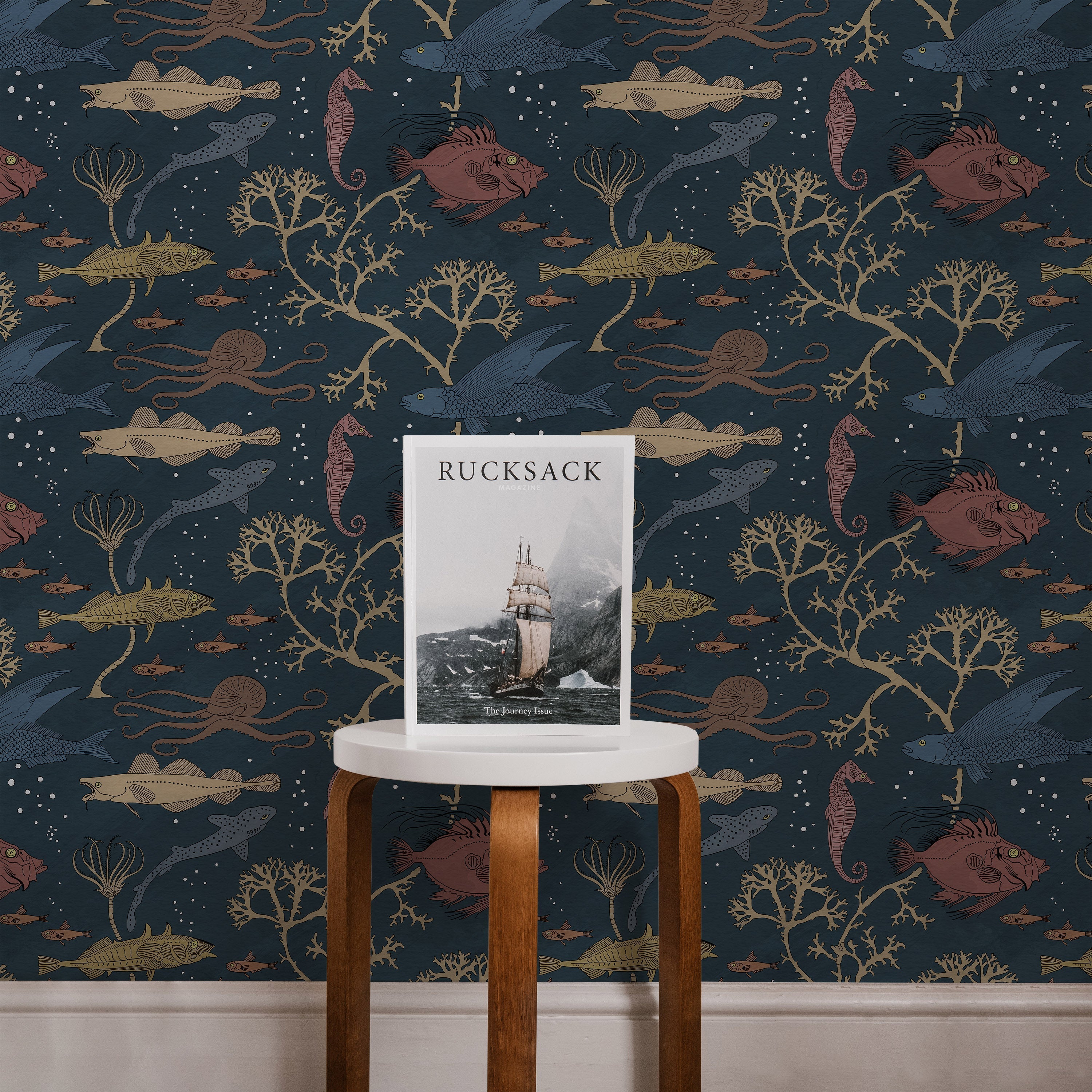 Maurice Pillard Verneuil x Sea Creatures Peel and Stick Wallpaper, Removable Wallpaper, Traditional Wallpaper - Deep Blue | DeccoPrint