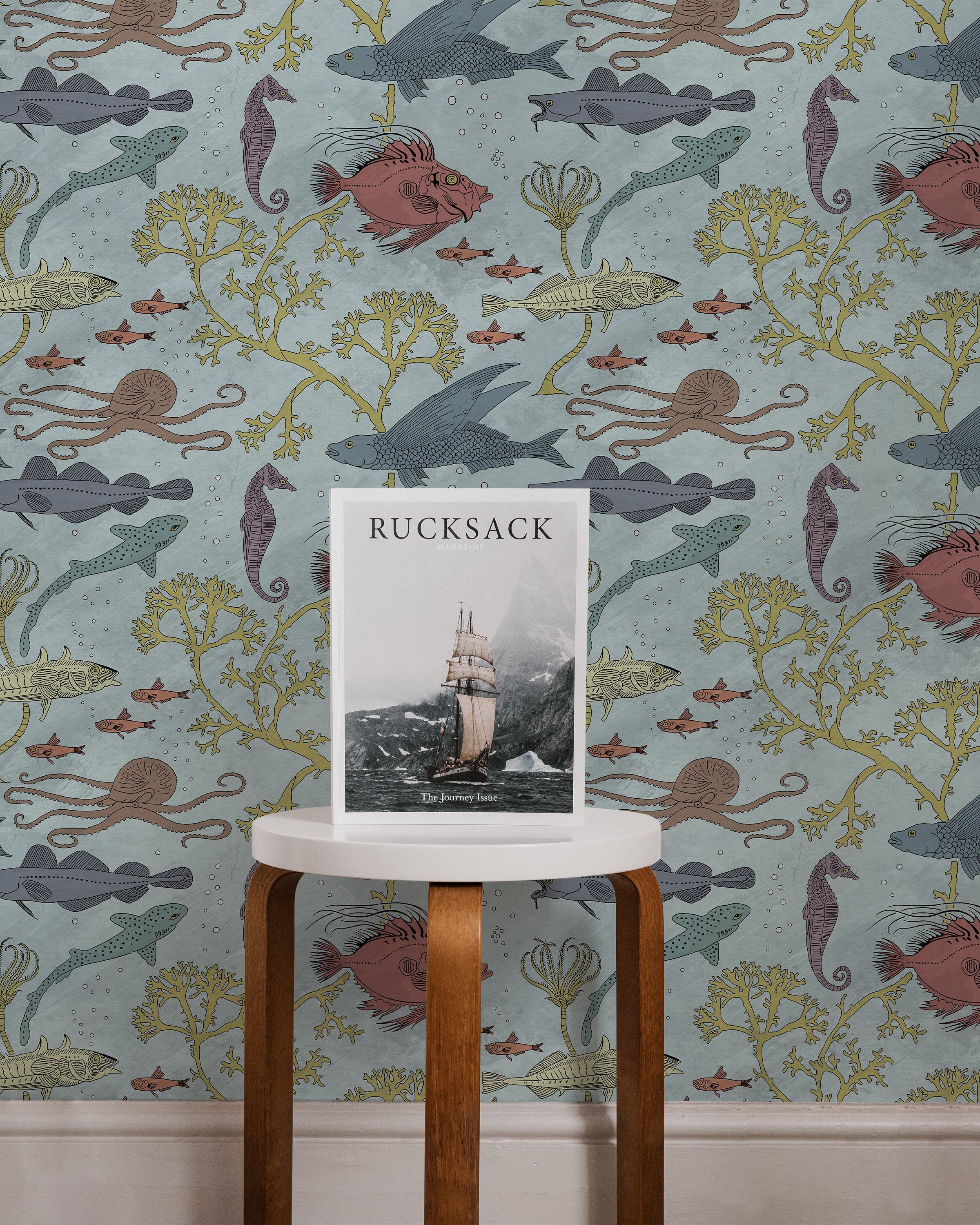 Maurice Pillard Verneuil x Sea Creatures Peel and Stick Wallpaper, Removable Wallpaper, Traditional Wallpaper - Light Blue | DeccoPrint