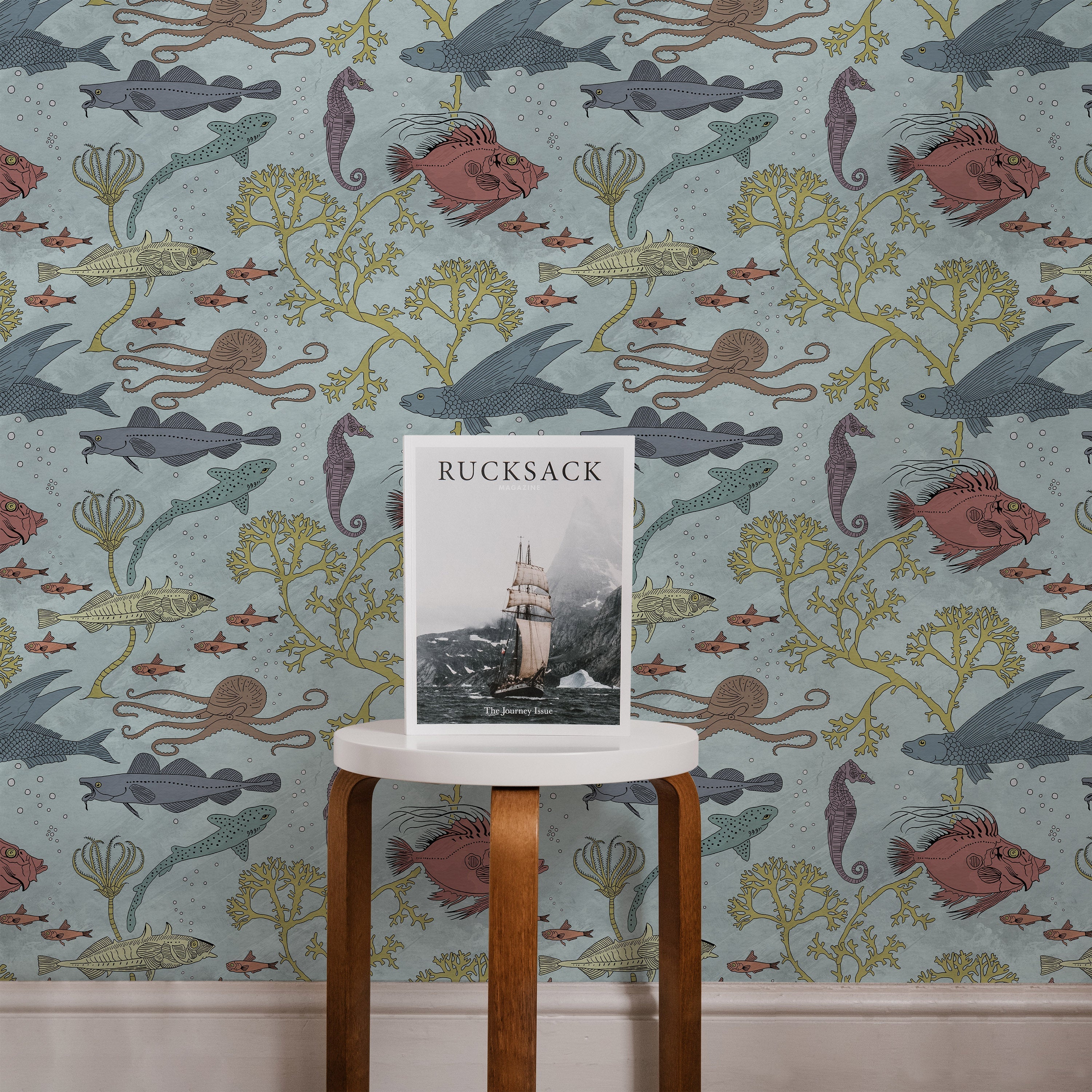 Maurice Pillard Verneuil x Sea Creatures Peel and Stick Wallpaper, Removable Wallpaper, Traditional Wallpaper - Light Blue | DeccoPrint