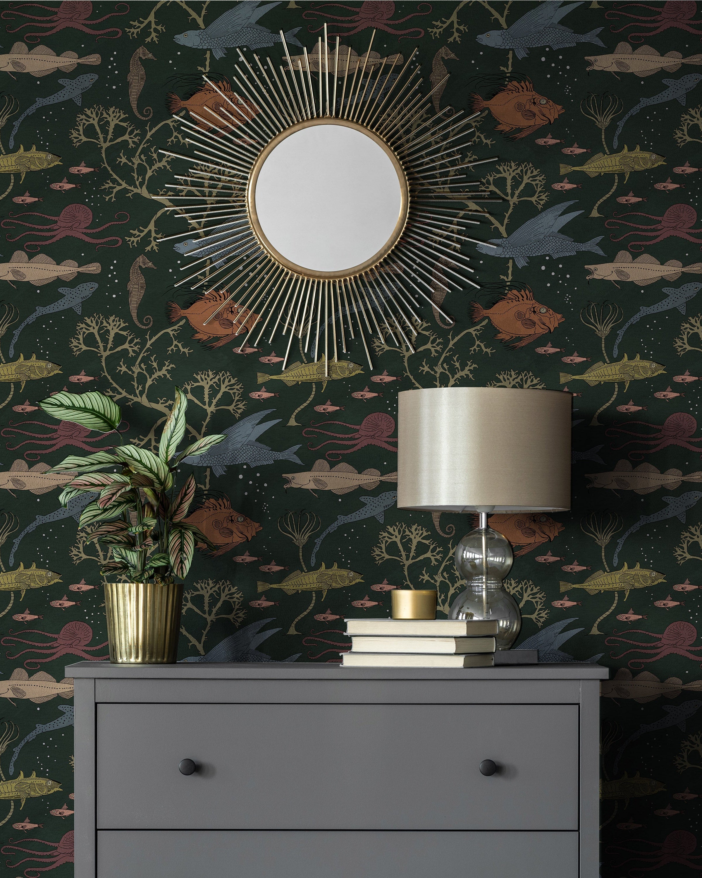 Maurice Pillard Verneuil x Sea Creatures Peel and Stick Wallpaper, Removable Wallpaper, Traditional Wallpaper - Dark Green | DeccoPrint