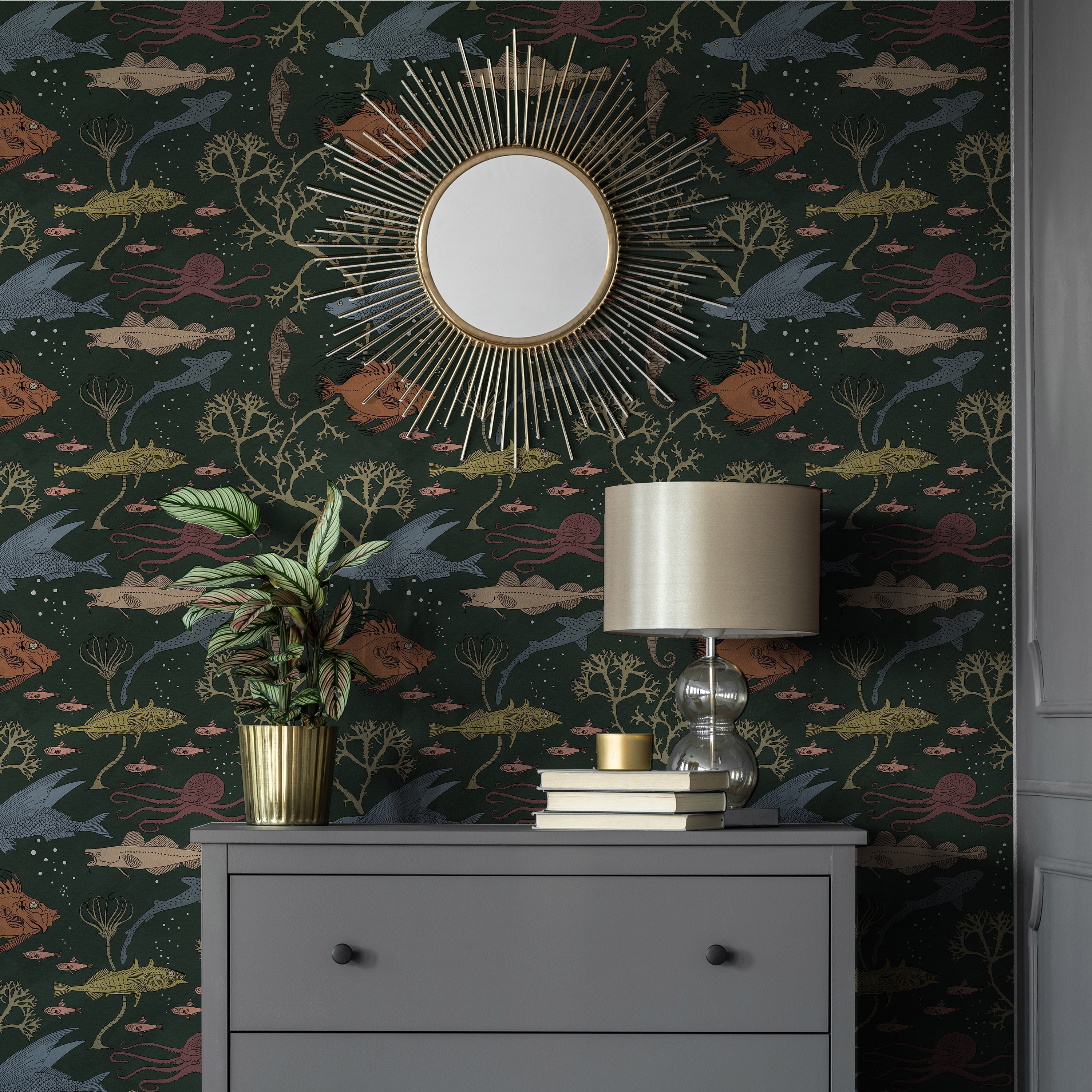 Maurice Pillard Verneuil x Sea Creatures Peel and Stick Wallpaper, Removable Wallpaper, Traditional Wallpaper - Dark Green | DeccoPrint