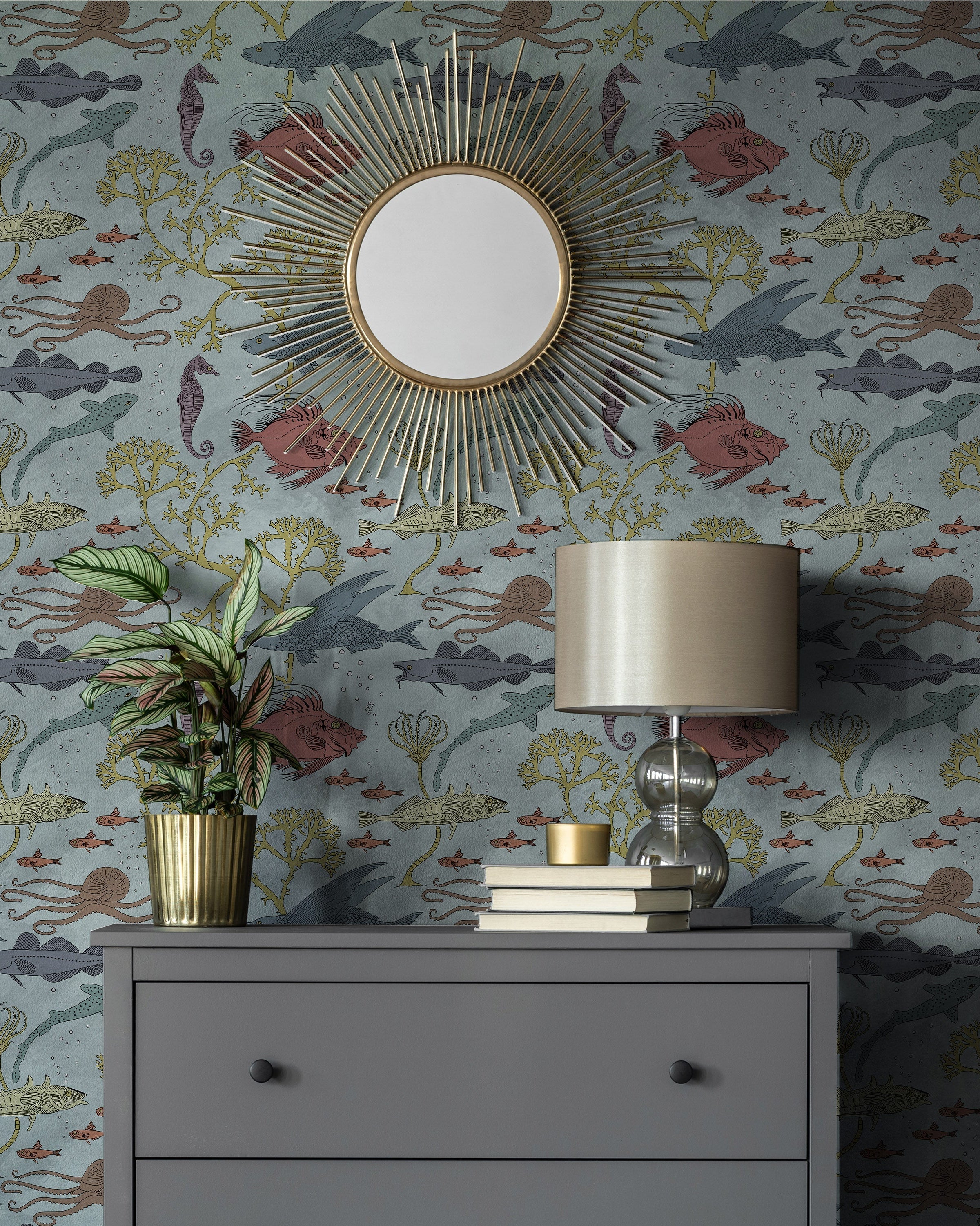 Maurice Pillard Verneuil x Sea Creatures Peel and Stick Wallpaper, Removable Wallpaper, Traditional Wallpaper - Light Blue | DeccoPrint