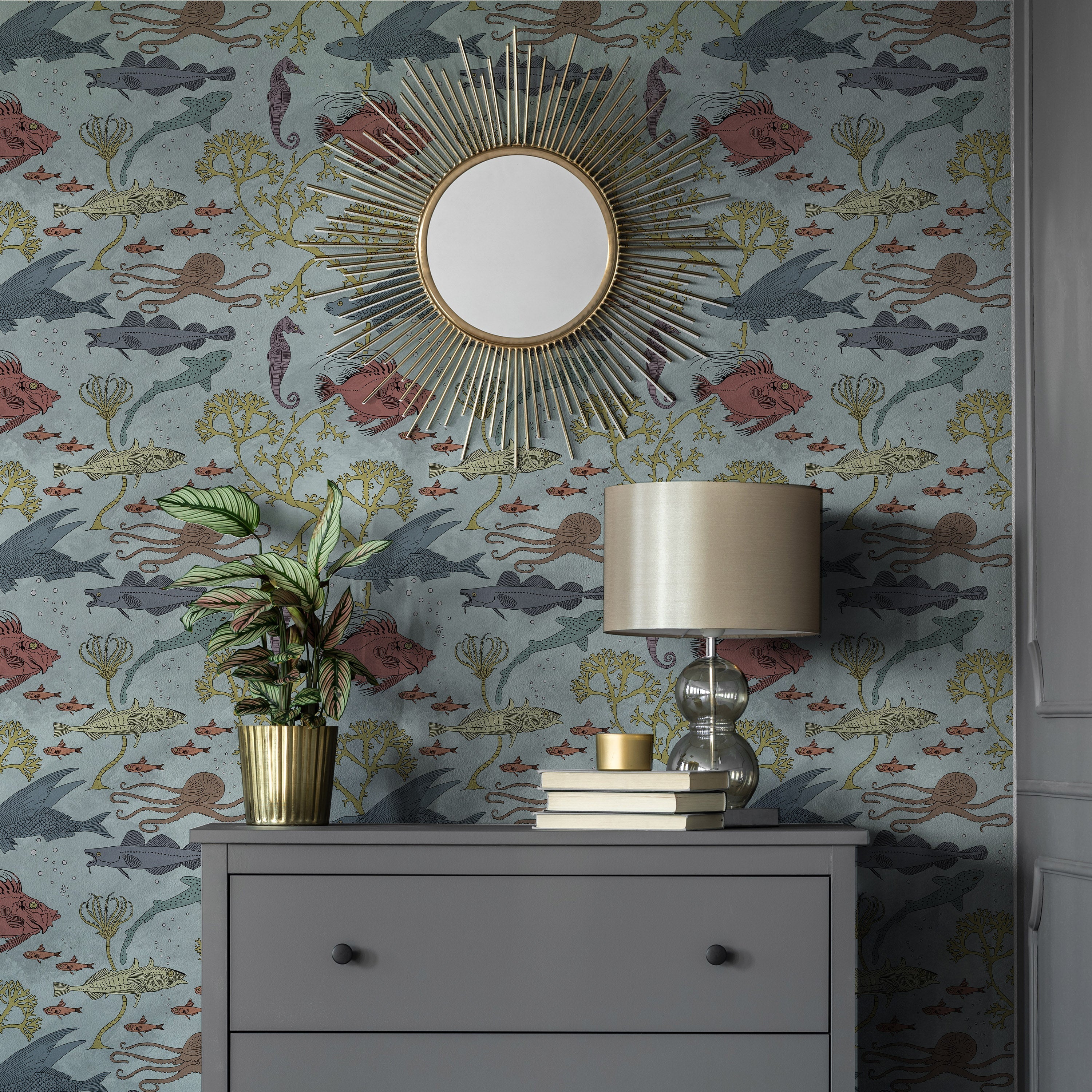 Maurice Pillard Verneuil x Sea Creatures Peel and Stick Wallpaper, Removable Wallpaper, Traditional Wallpaper - Light Blue | DeccoPrint