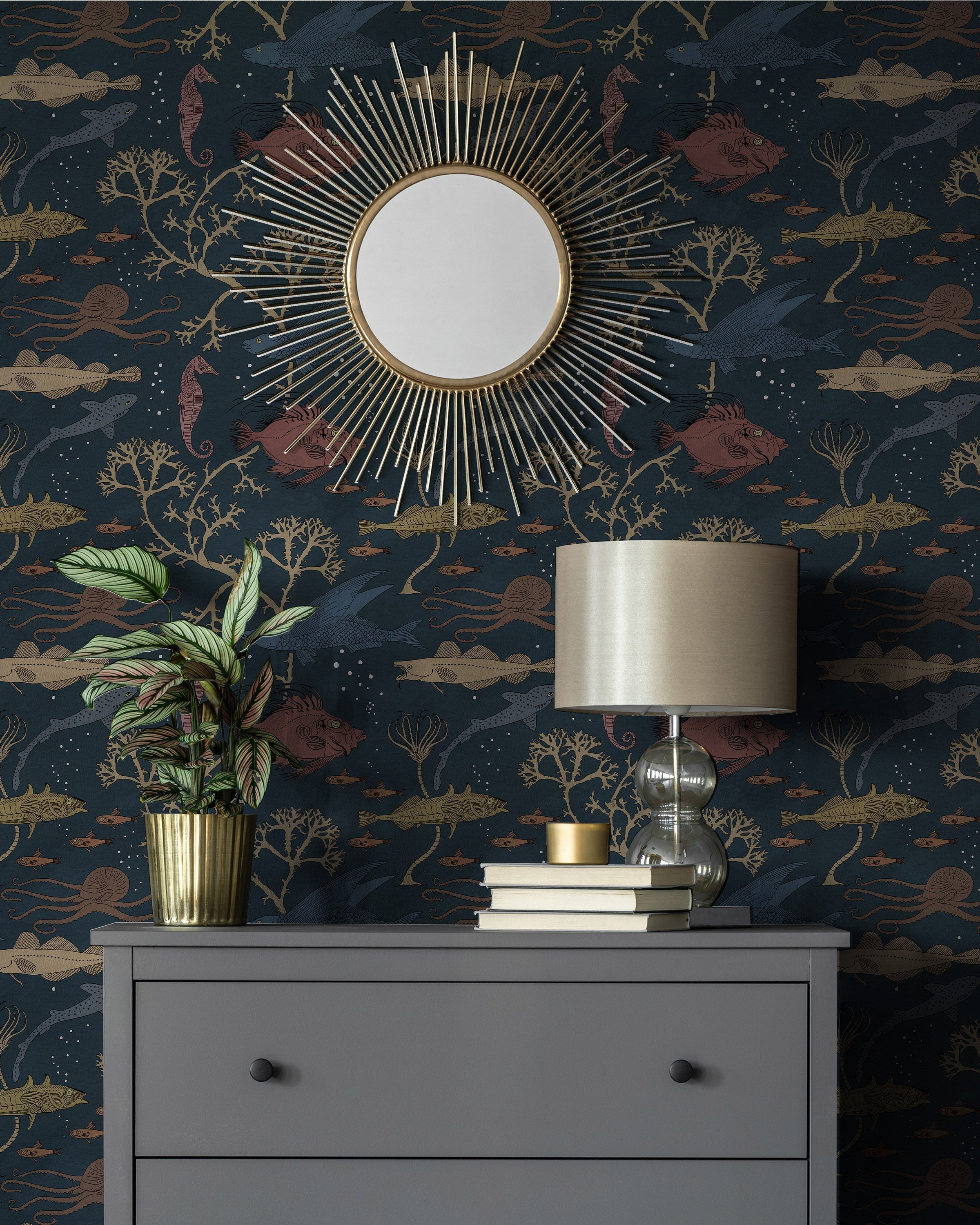 Maurice Pillard Verneuil x Sea Creatures Peel and Stick Wallpaper, Removable Wallpaper, Traditional Wallpaper - Deep Blue | DeccoPrint